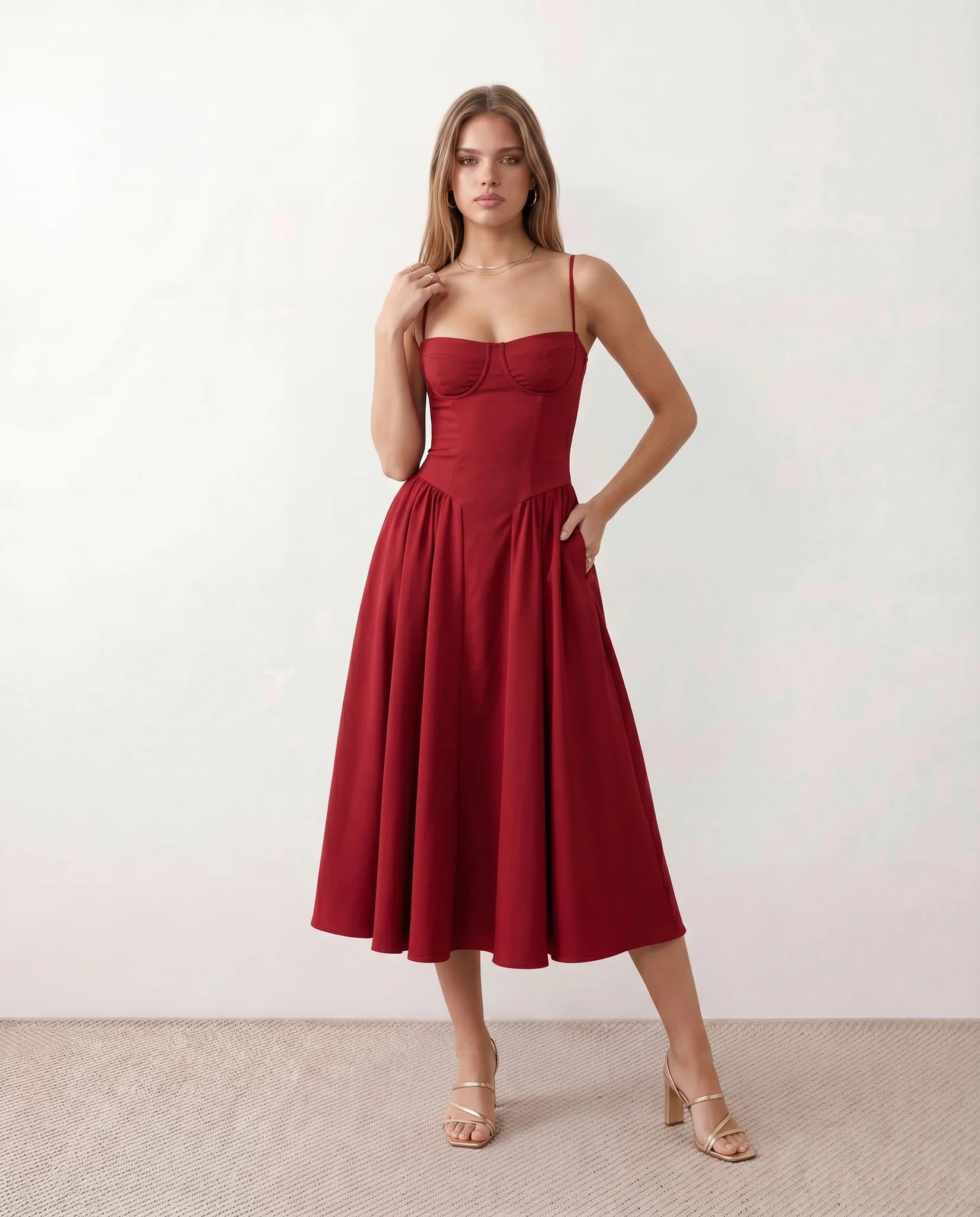 Daria Cocktail Spaghetti Strap Midi Dress in Red — front view