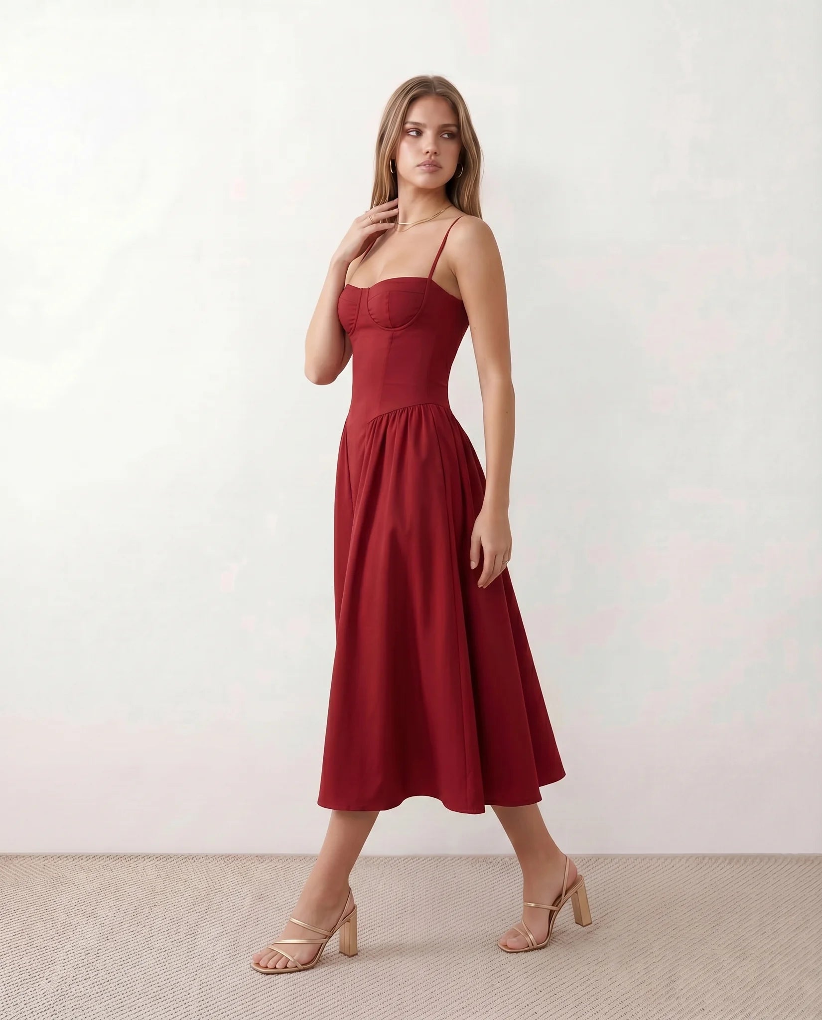 Daria Cocktail Spaghetti Strap Midi Dress in Red — side view