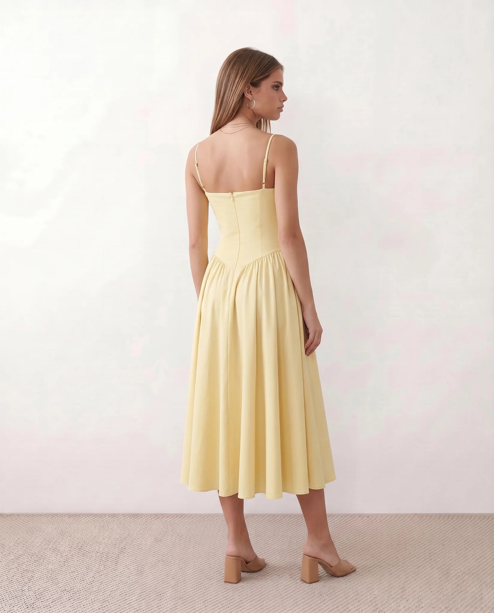 Daria Cocktail Spaghetti Strap Midi Dress in Yellow — back view