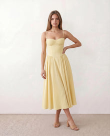 Daria Cocktail Spaghetti Strap Midi Dress in Yellow — front view