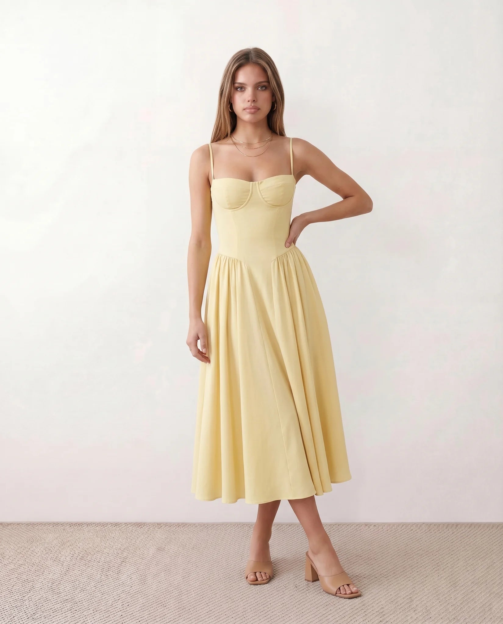 Daria Cocktail Spaghetti Strap Midi Dress in Yellow — front view