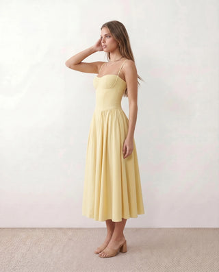 Daria Cocktail Spaghetti Strap Midi Dress in Yellow — side view