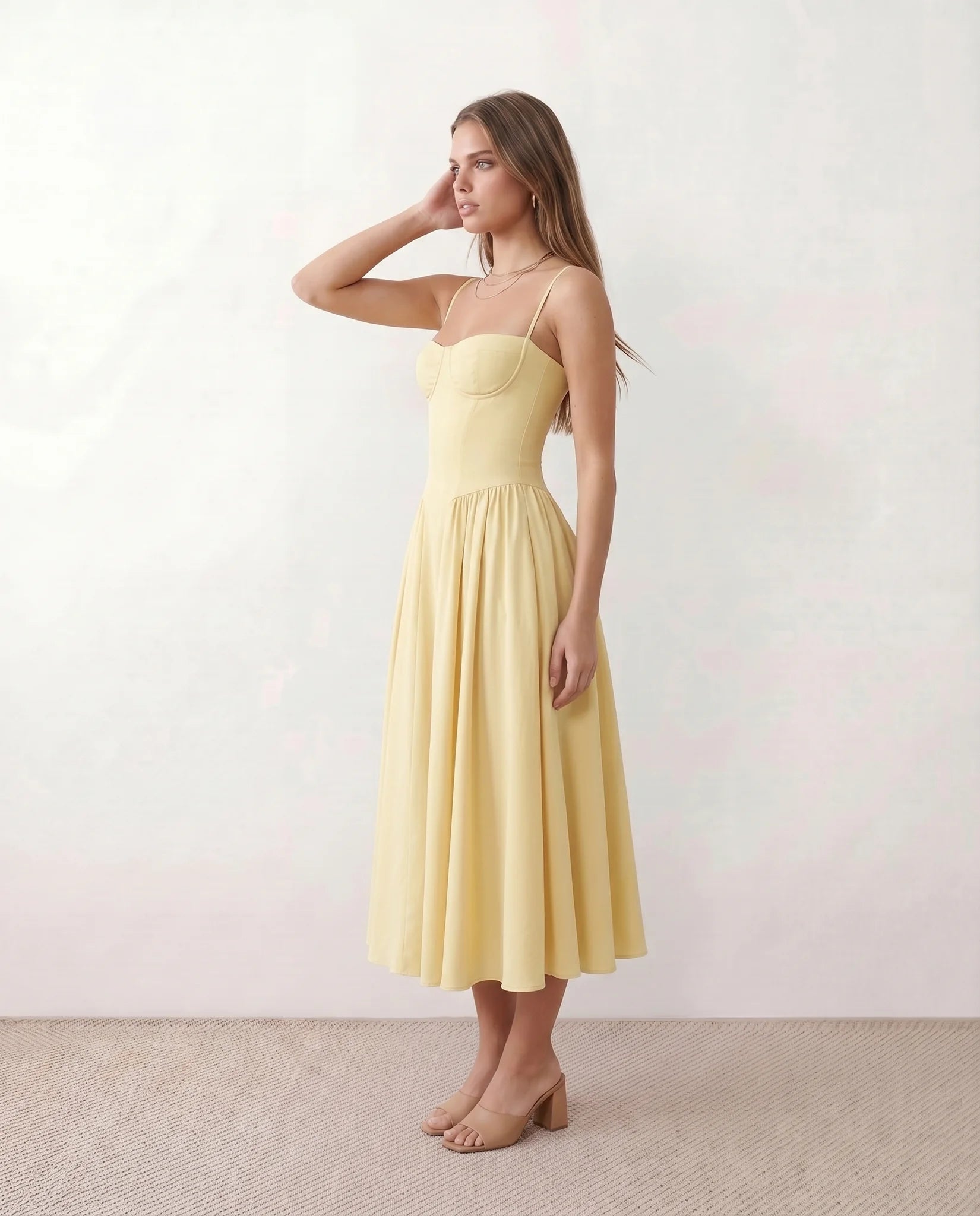 Daria Cocktail Spaghetti Strap Midi Dress in Yellow — side view