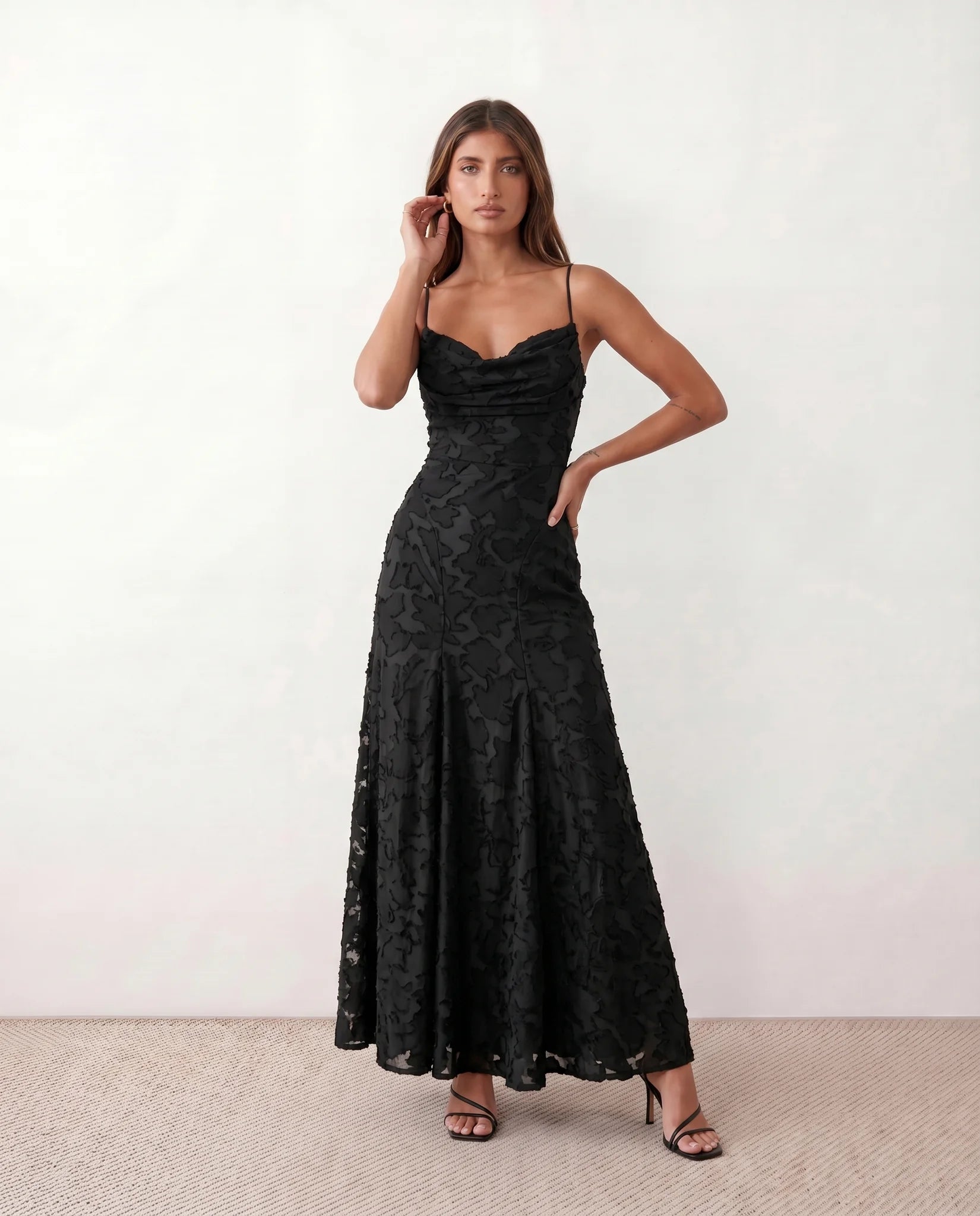 Dahlia Wedding Guest Spaghetti Strap Maxi Dress in Black — front view