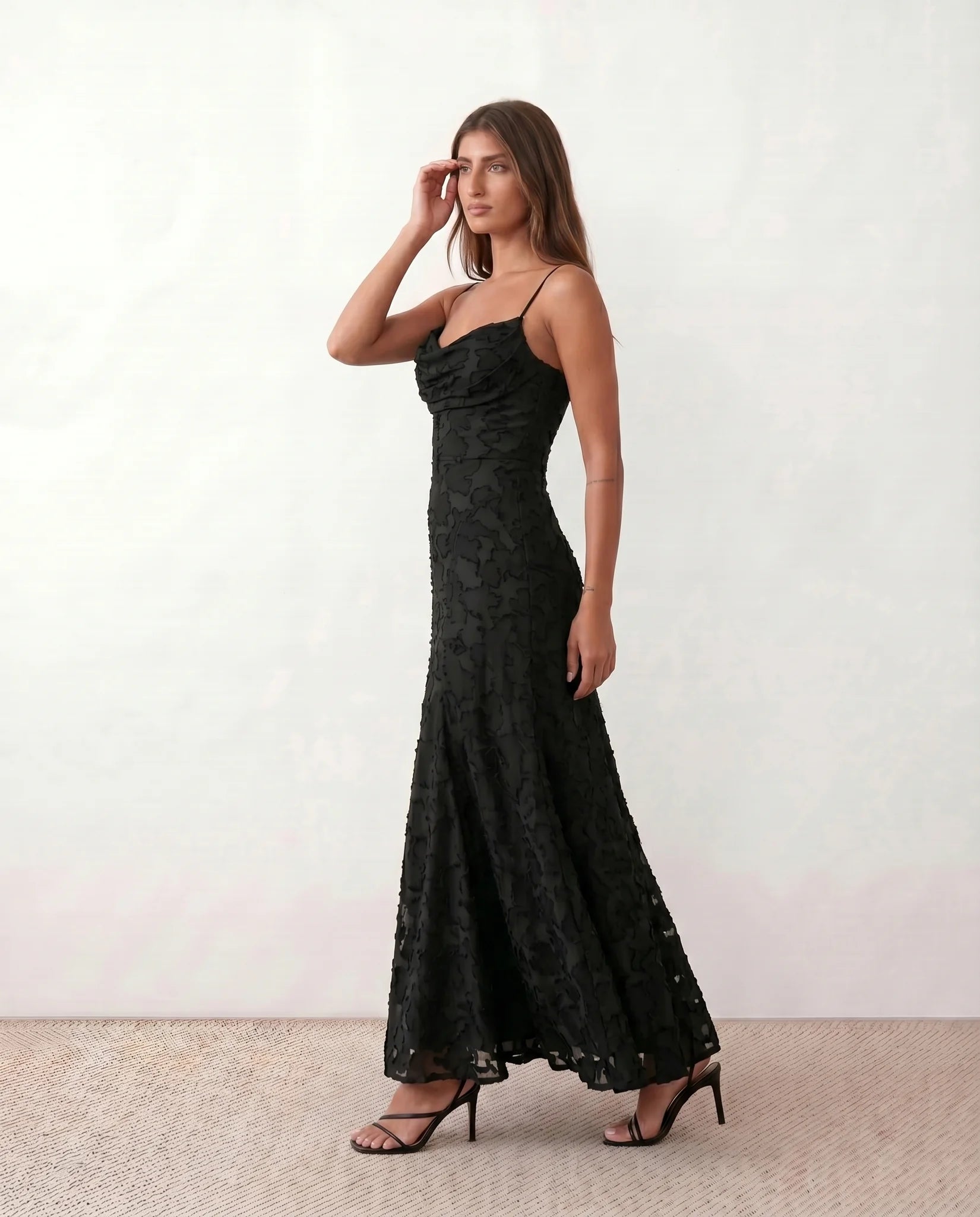 Dahlia Wedding Guest Spaghetti Strap Maxi Dress in Black — side view
