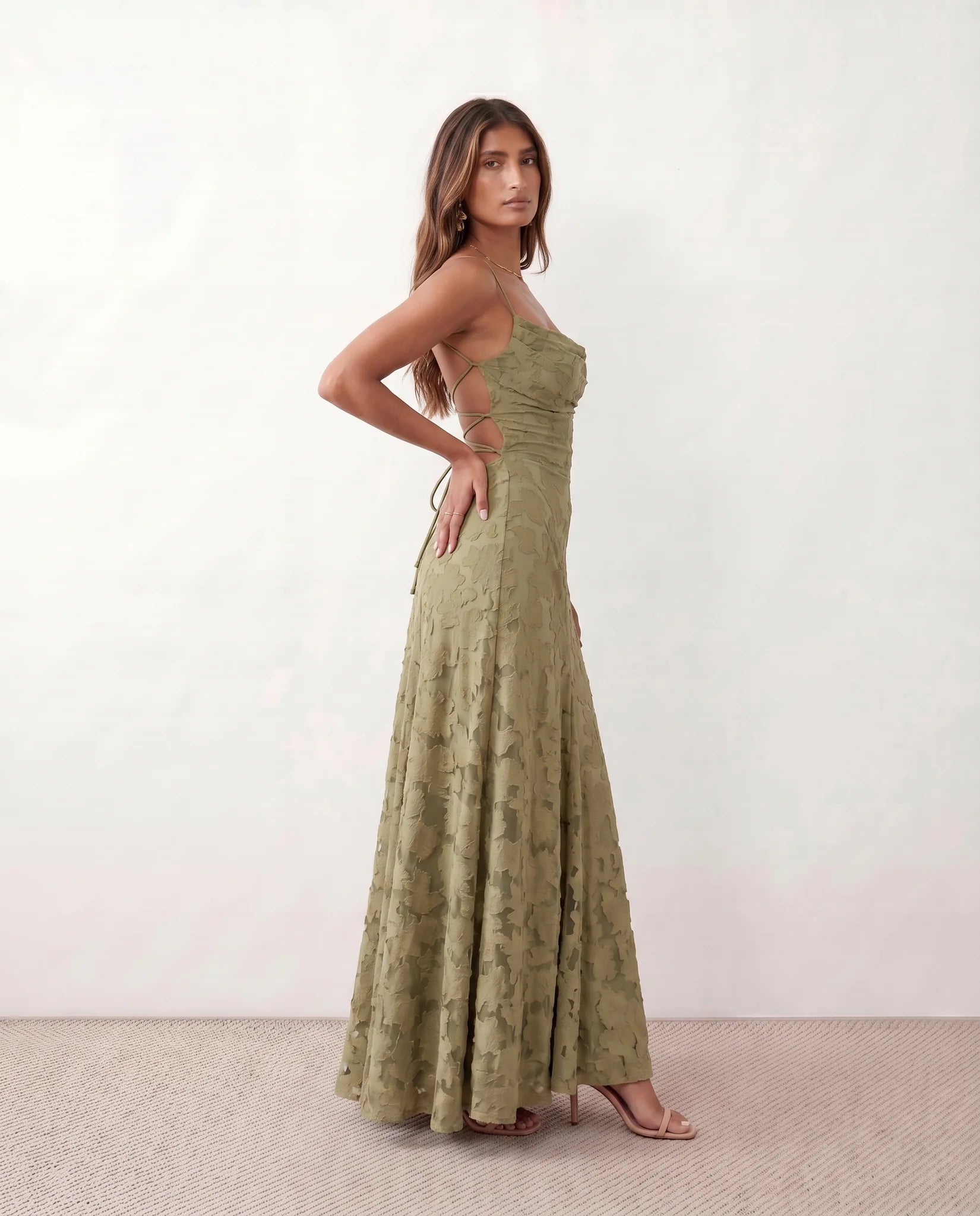 Dahlia Wedding Guest Spaghetti Strap Maxi Dress in Green — side view