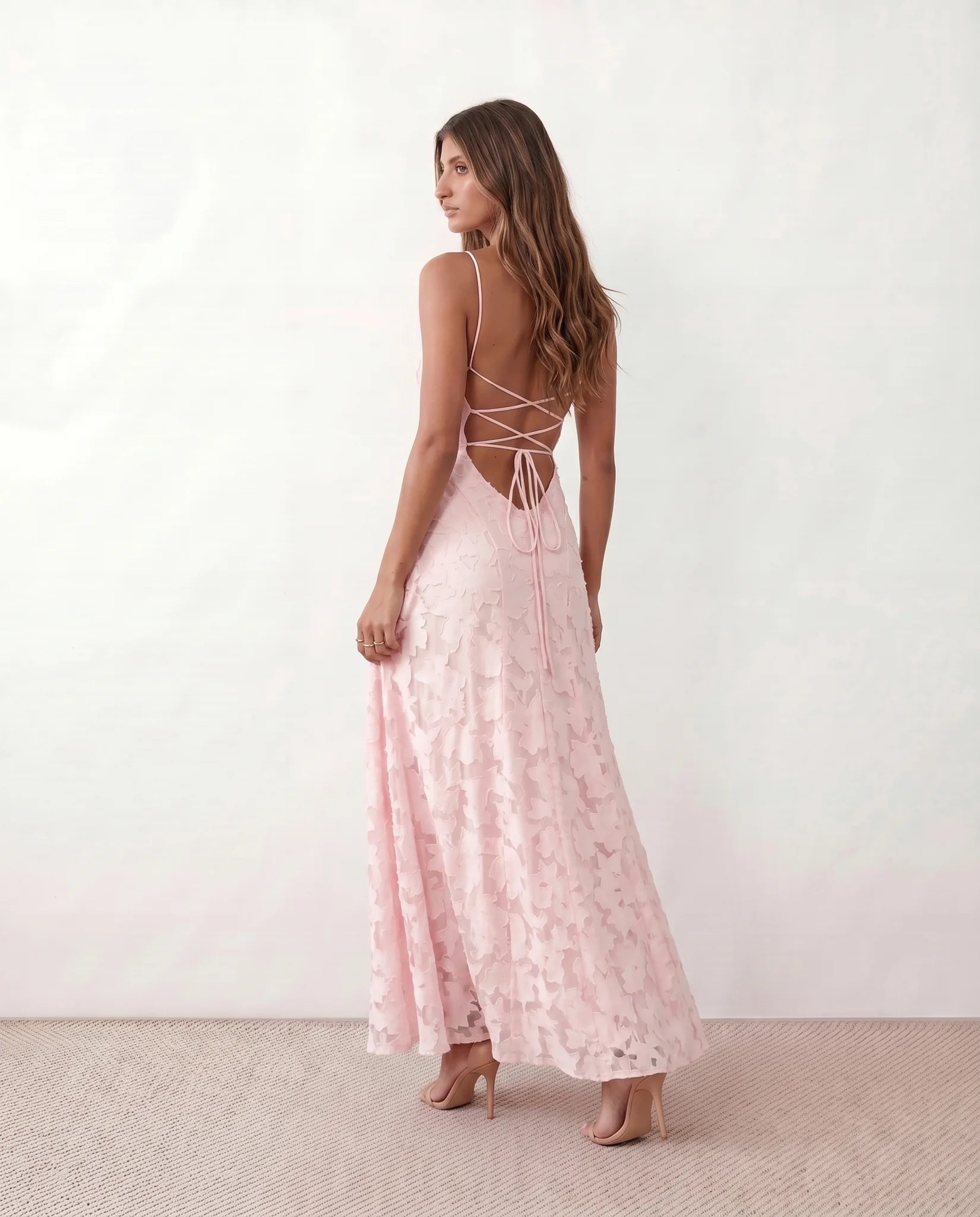 Dahlia Wedding Guest Spaghetti Strap Maxi Dress in Pink — back view