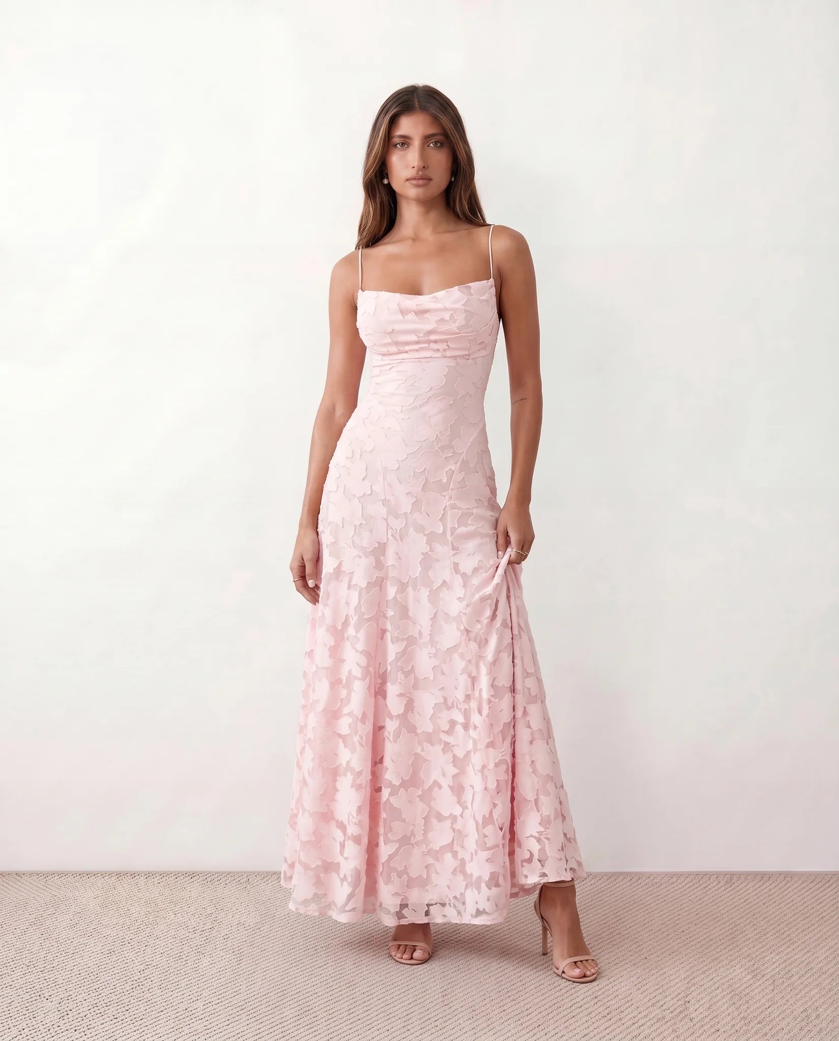 Dahlia Wedding Guest Spaghetti Strap Maxi Dress in Pink — front view