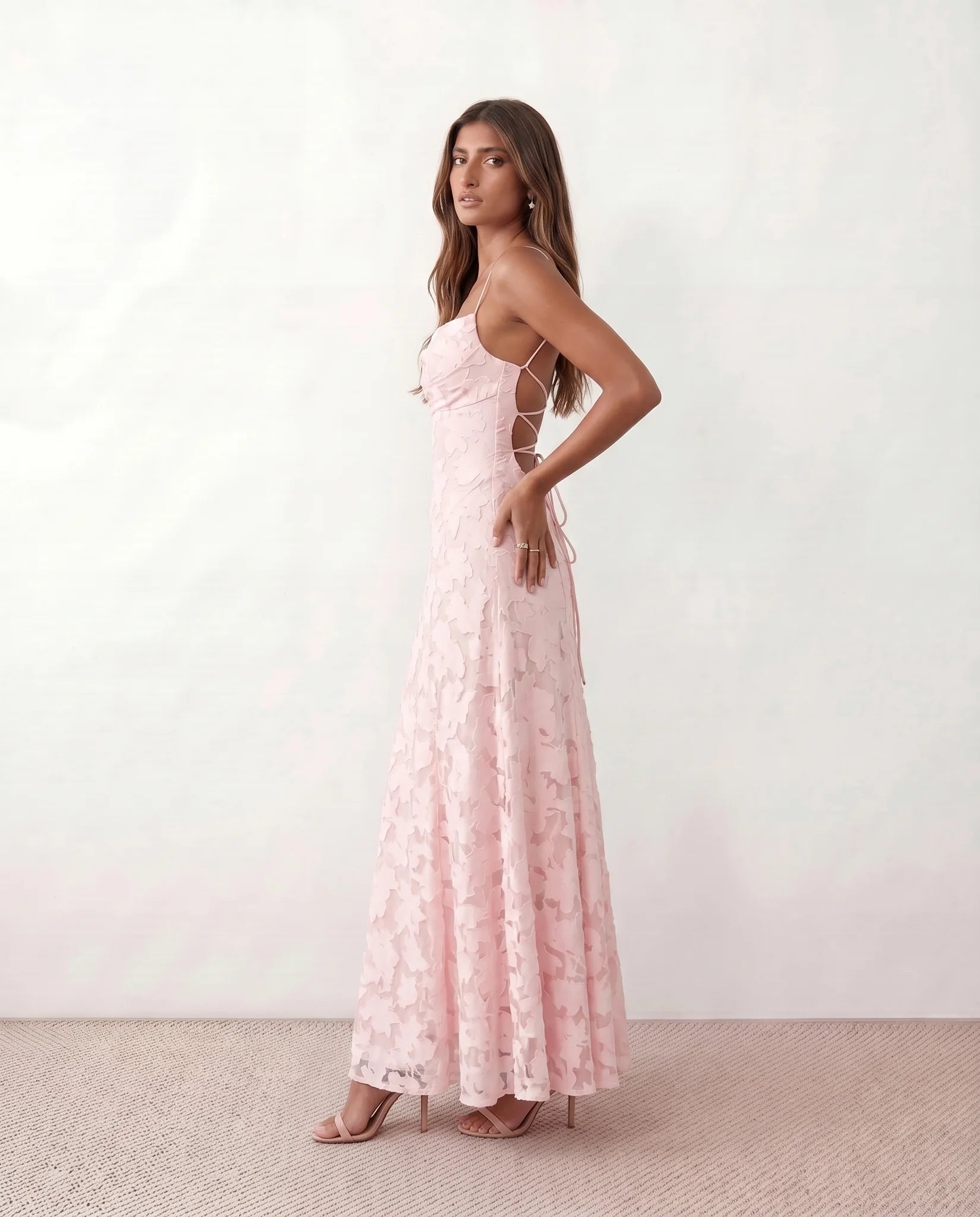 Dahlia Wedding Guest Spaghetti Strap Maxi Dress in Pink — side view