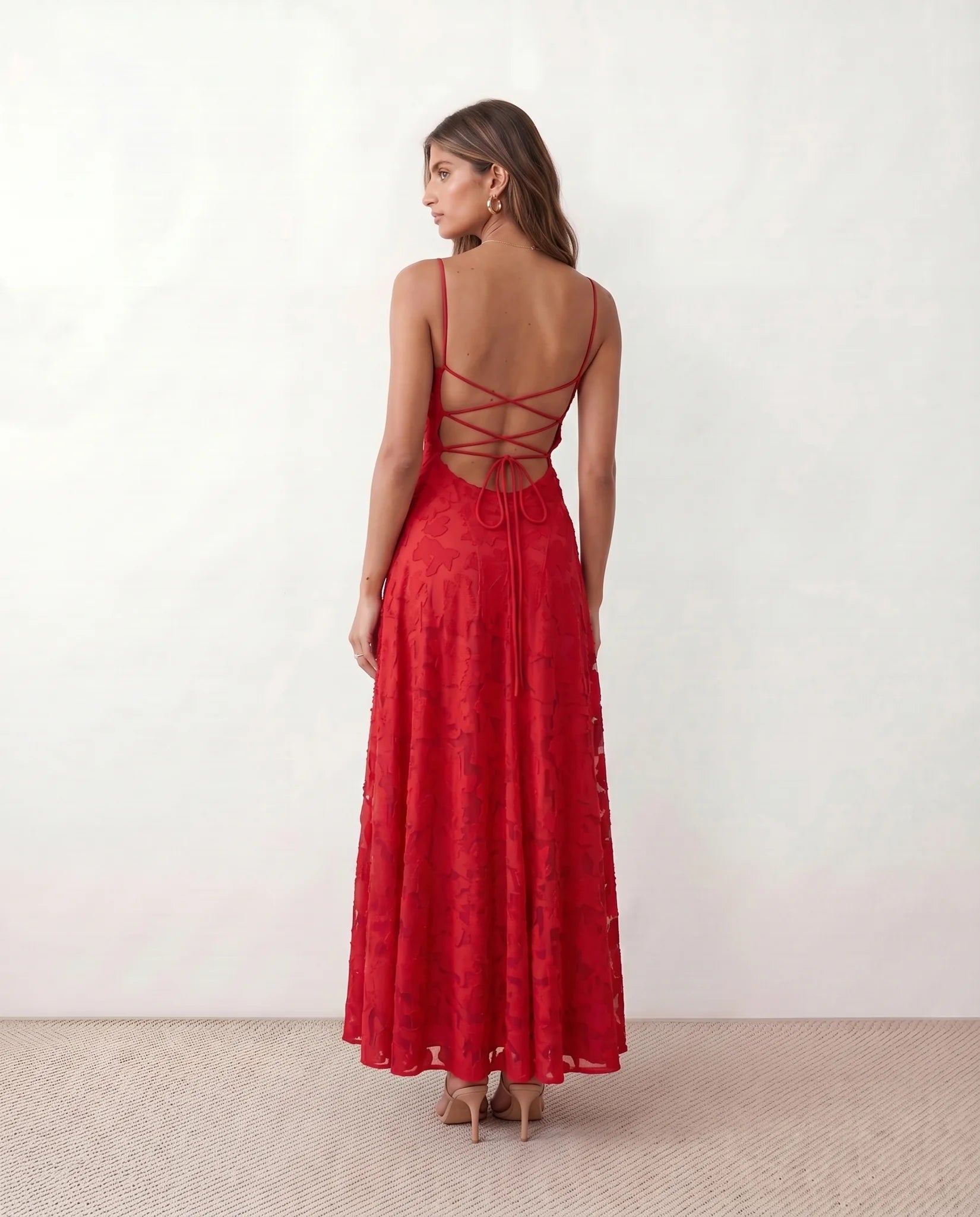 Dahlia Wedding Guest Spaghetti Strap Maxi Dress in Red — back view