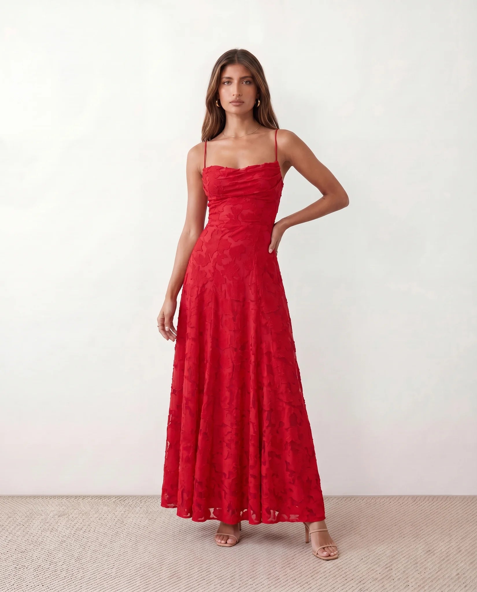 Dahlia Wedding Guest Spaghetti Strap Maxi Dress in Red — front view
