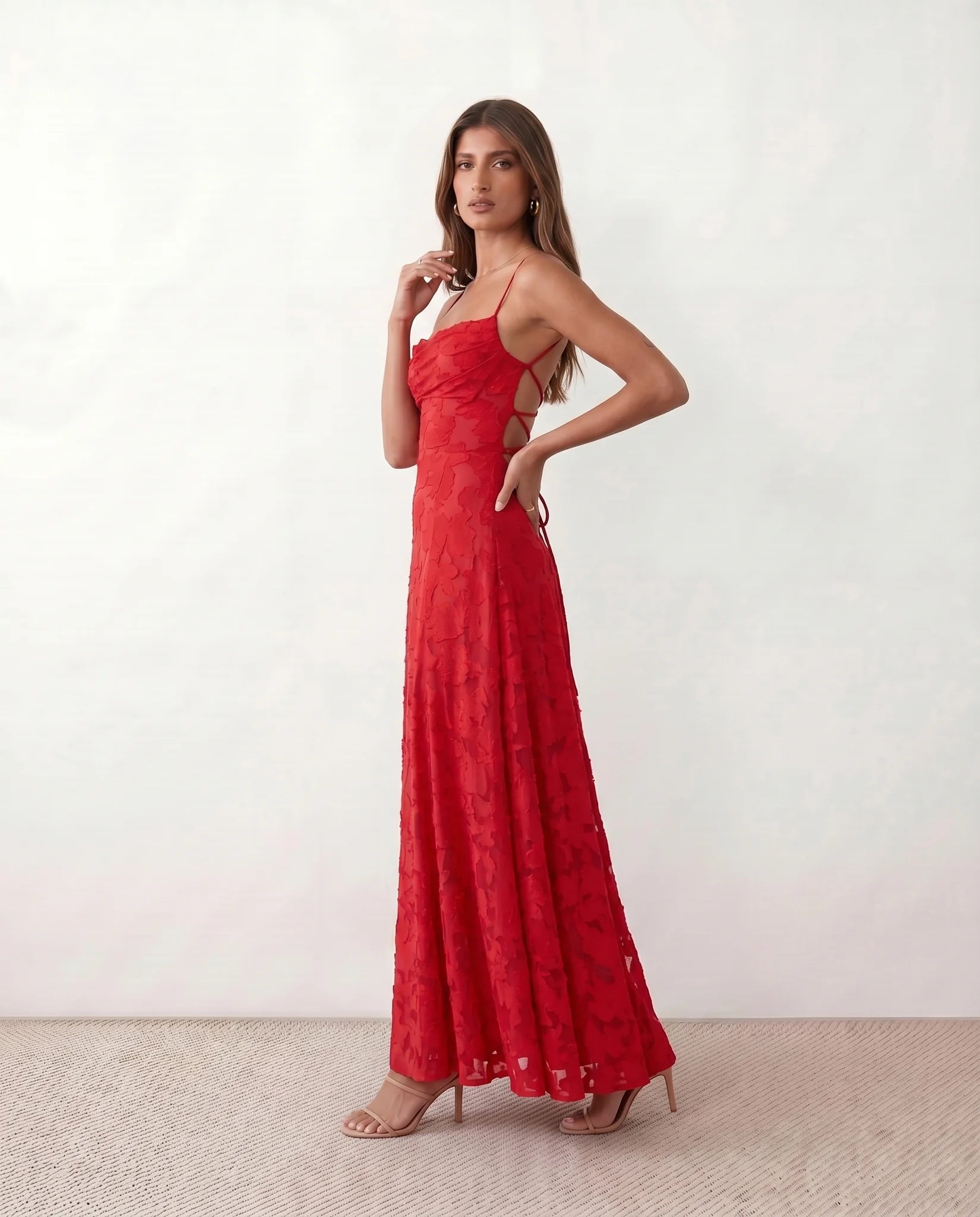 Dahlia Wedding Guest Spaghetti Strap Maxi Dress in Red — side view
