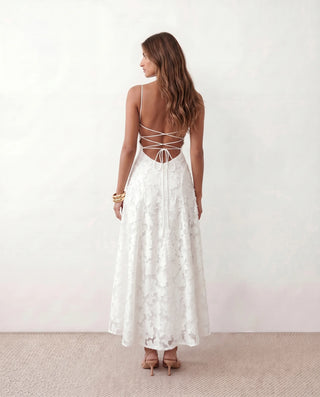 Dahlia Wedding Guest Spaghetti Strap Maxi Dress in White — back view