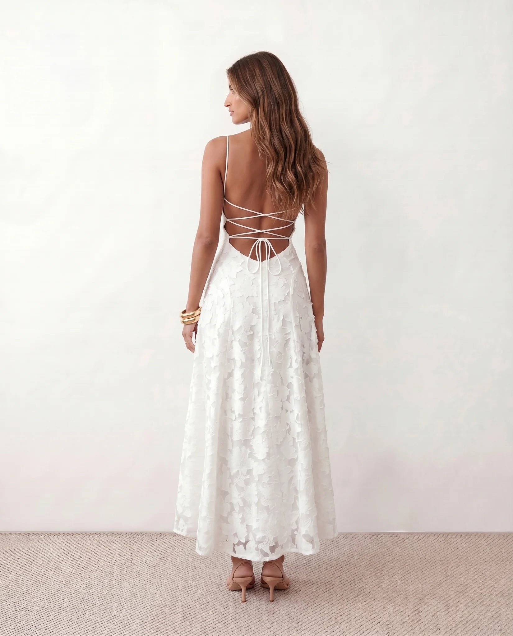 Dahlia Wedding Guest Spaghetti Strap Maxi Dress in White — back view