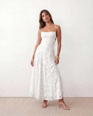 Dahlia Wedding Guest Spaghetti Strap Maxi Dress in White — front view