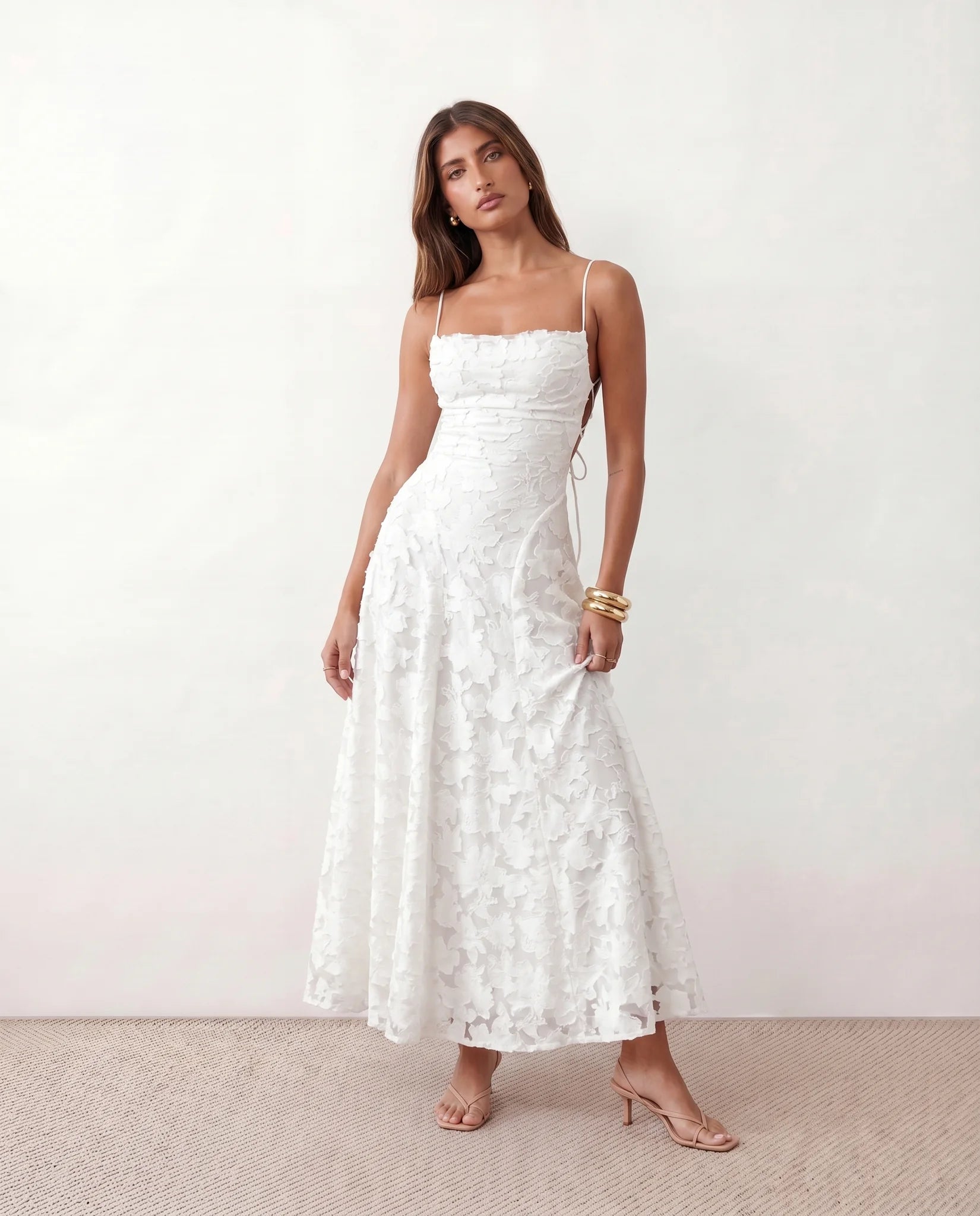 Dahlia Wedding Guest Spaghetti Strap Maxi Dress in White — front view