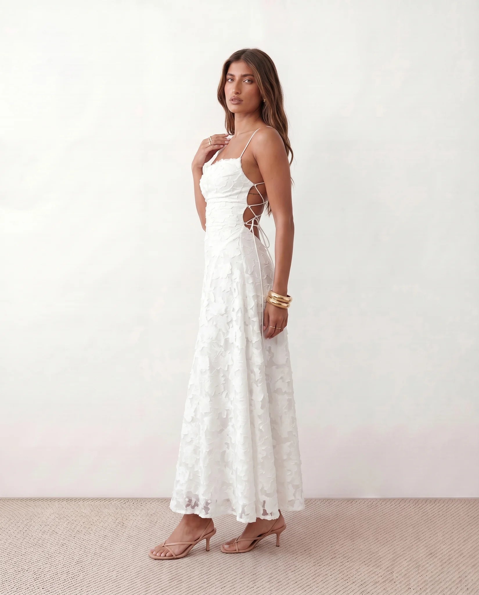 Dahlia Wedding Guest Spaghetti Strap Maxi Dress in White — side view