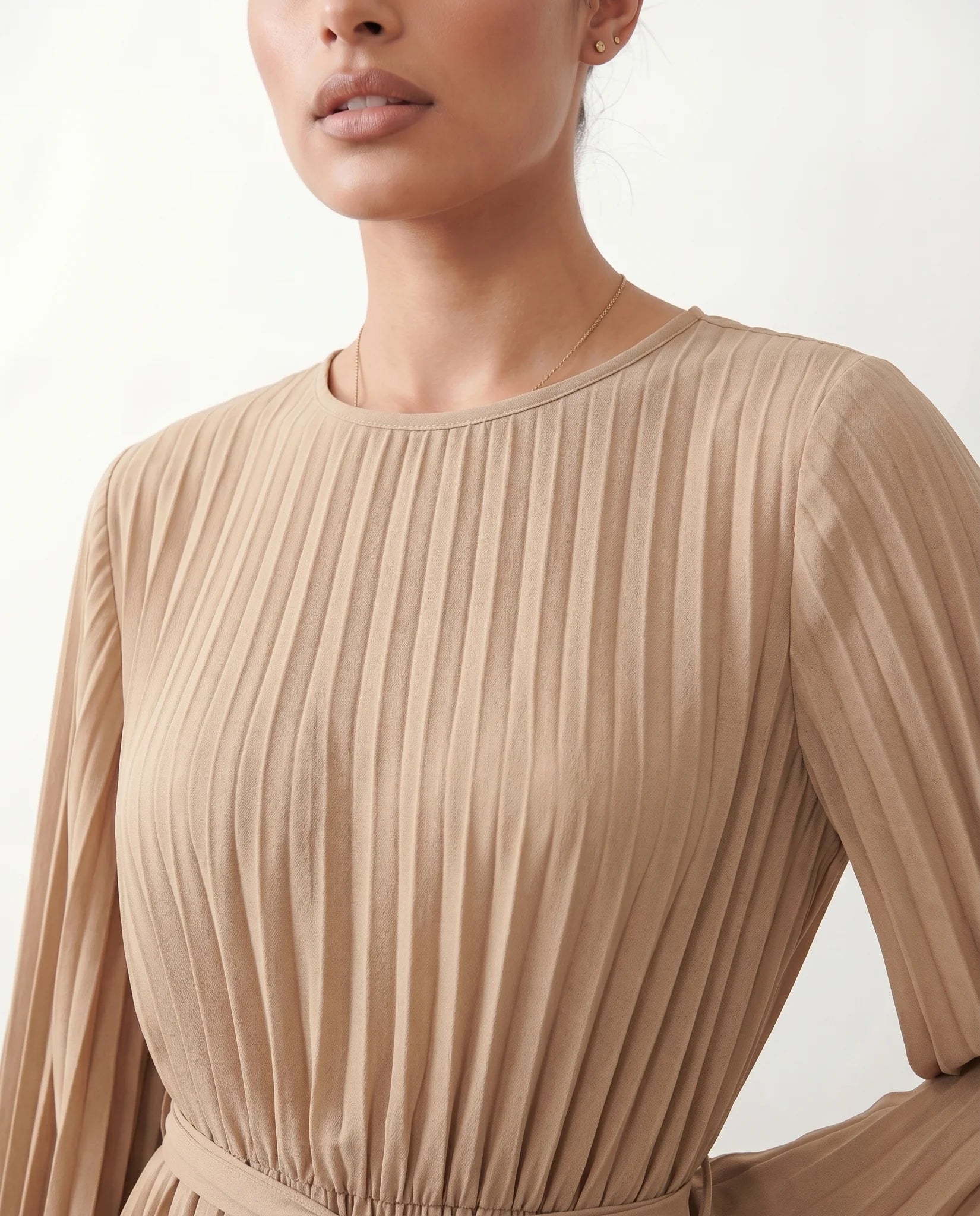 Caroline Cocktail Pleated Mini Dress in Beige — detail close-up
