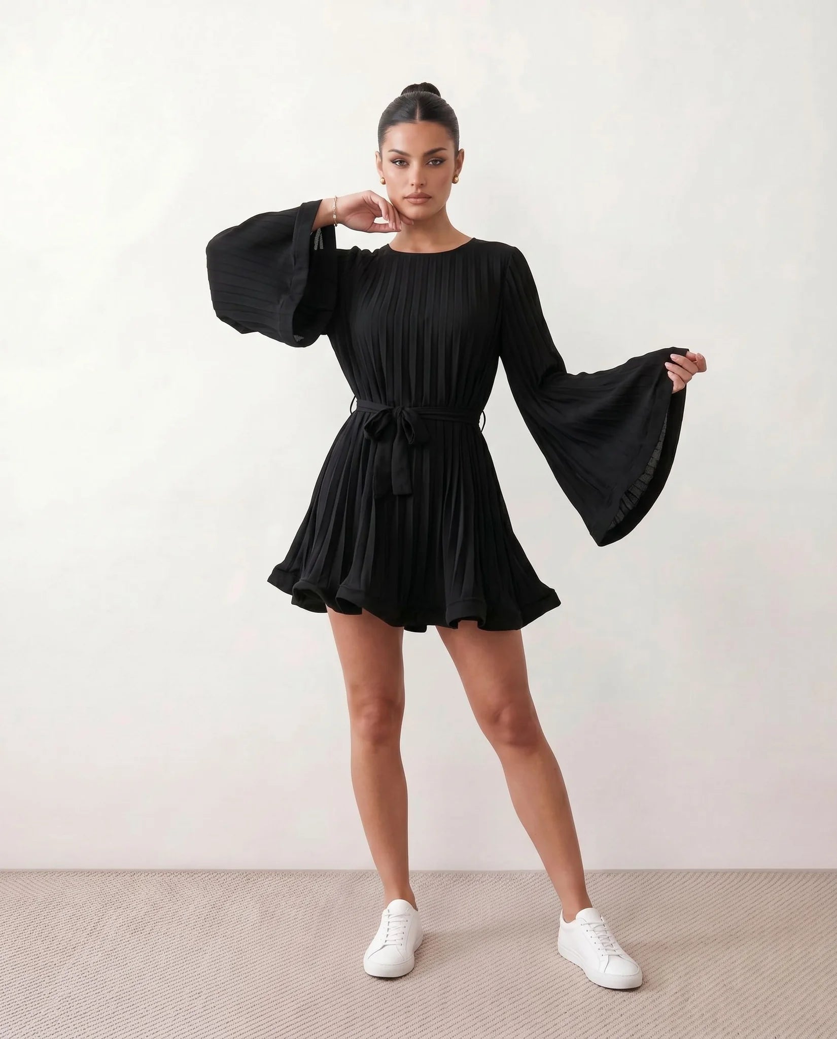 Caroline Cocktail Pleated Mini Dress in Black — front view