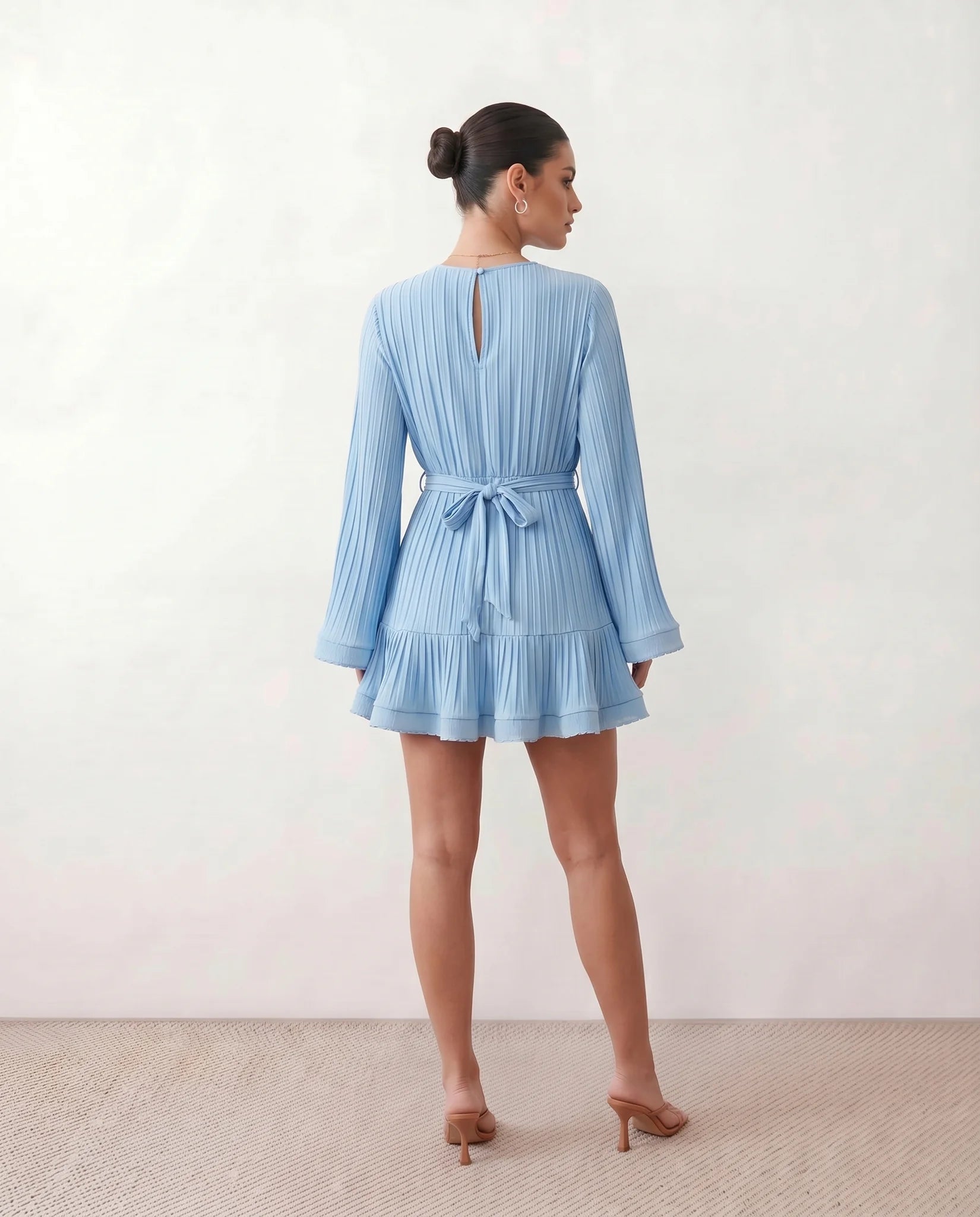 Caroline Cocktail Pleated Mini Dress in Light Blue — back view