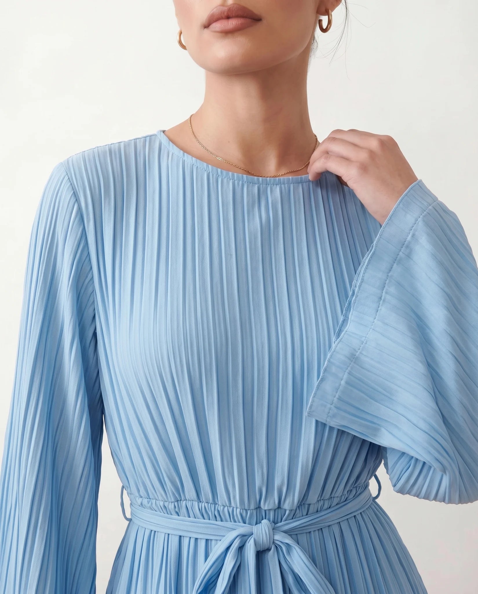 Caroline Cocktail Pleated Mini Dress in Light Blue — detail close-up