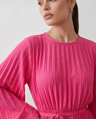 Caroline Cocktail Pleated Mini Dress in Pink — detail close-up