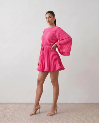 Caroline Cocktail Pleated Mini Dress in Pink — side view