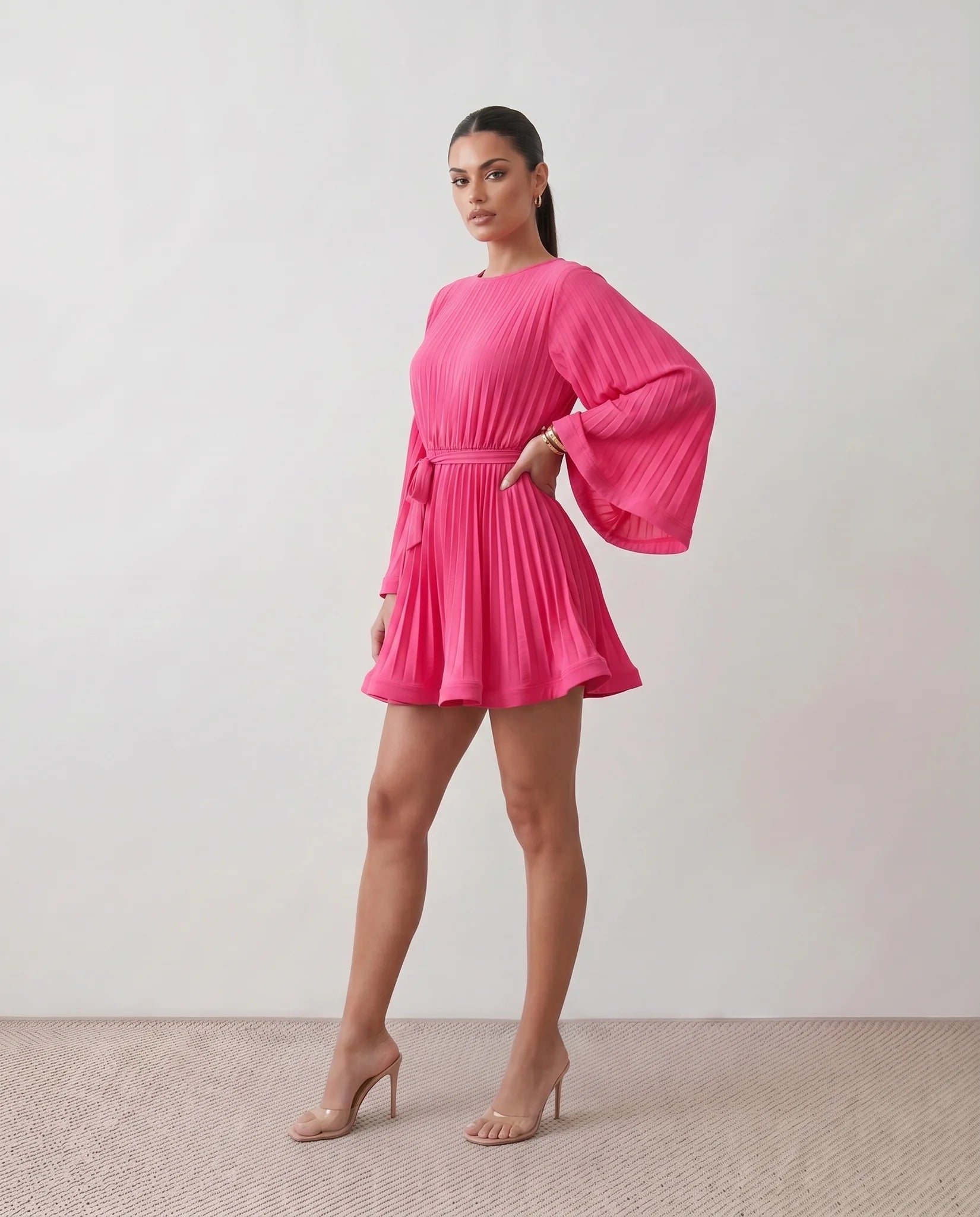 Caroline Cocktail Pleated Mini Dress in Pink — side view