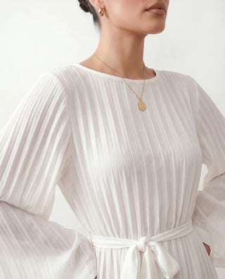 Caroline Cocktail Pleated Mini Dress in White — detail close-up