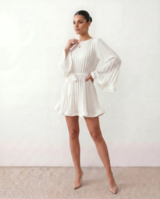 Caroline Cocktail Pleated Mini Dress in White — side view