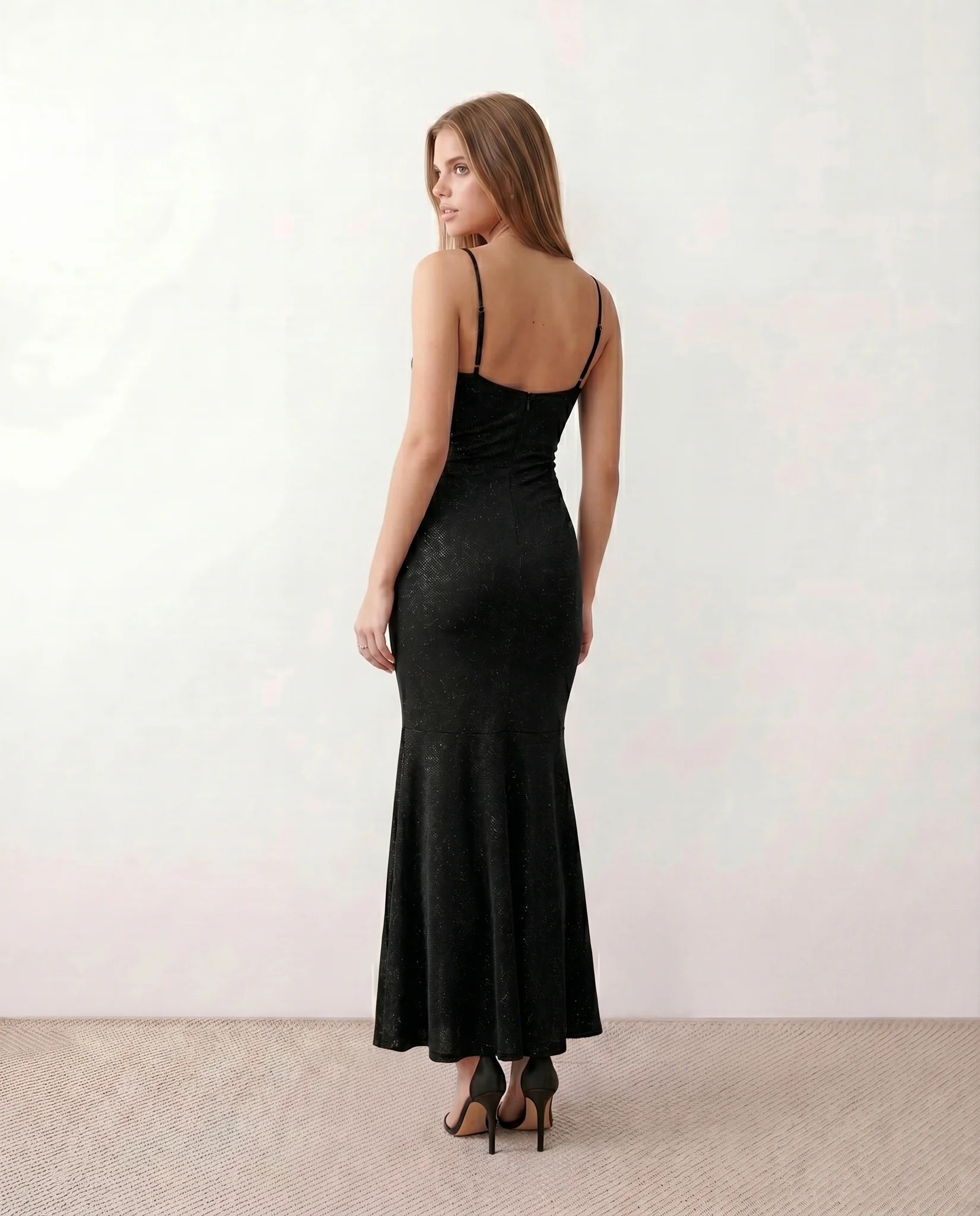 Siegrid Party Metallic Maxi Dress in Black — back view