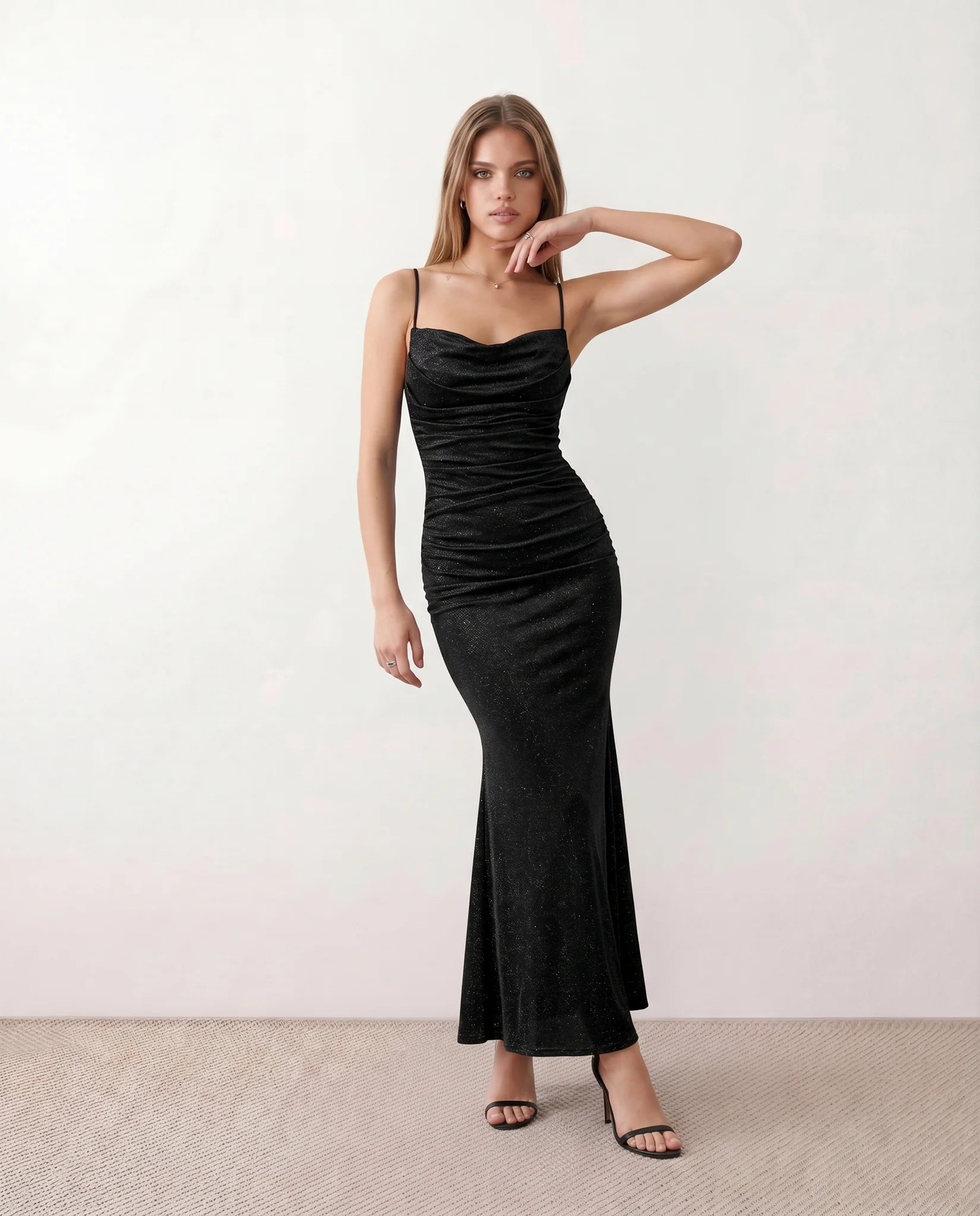 Siegrid Party Metallic Maxi Dress in Black — front view