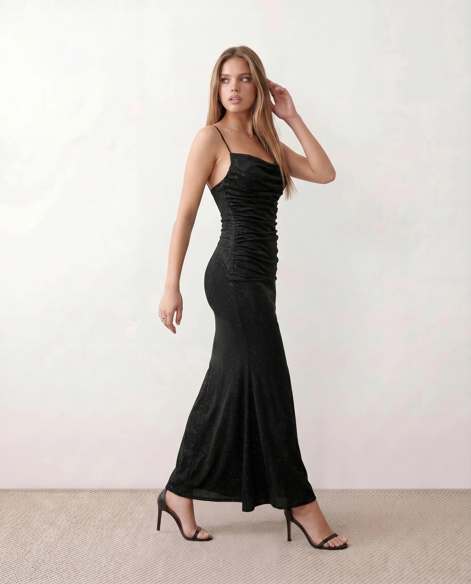 Siegrid Party Metallic Maxi Dress in Black — side view