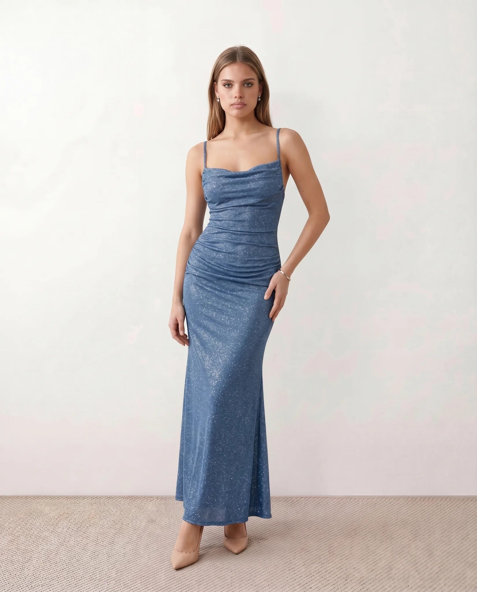 Siegrid Party Metallic Maxi Dress in Blue — front view