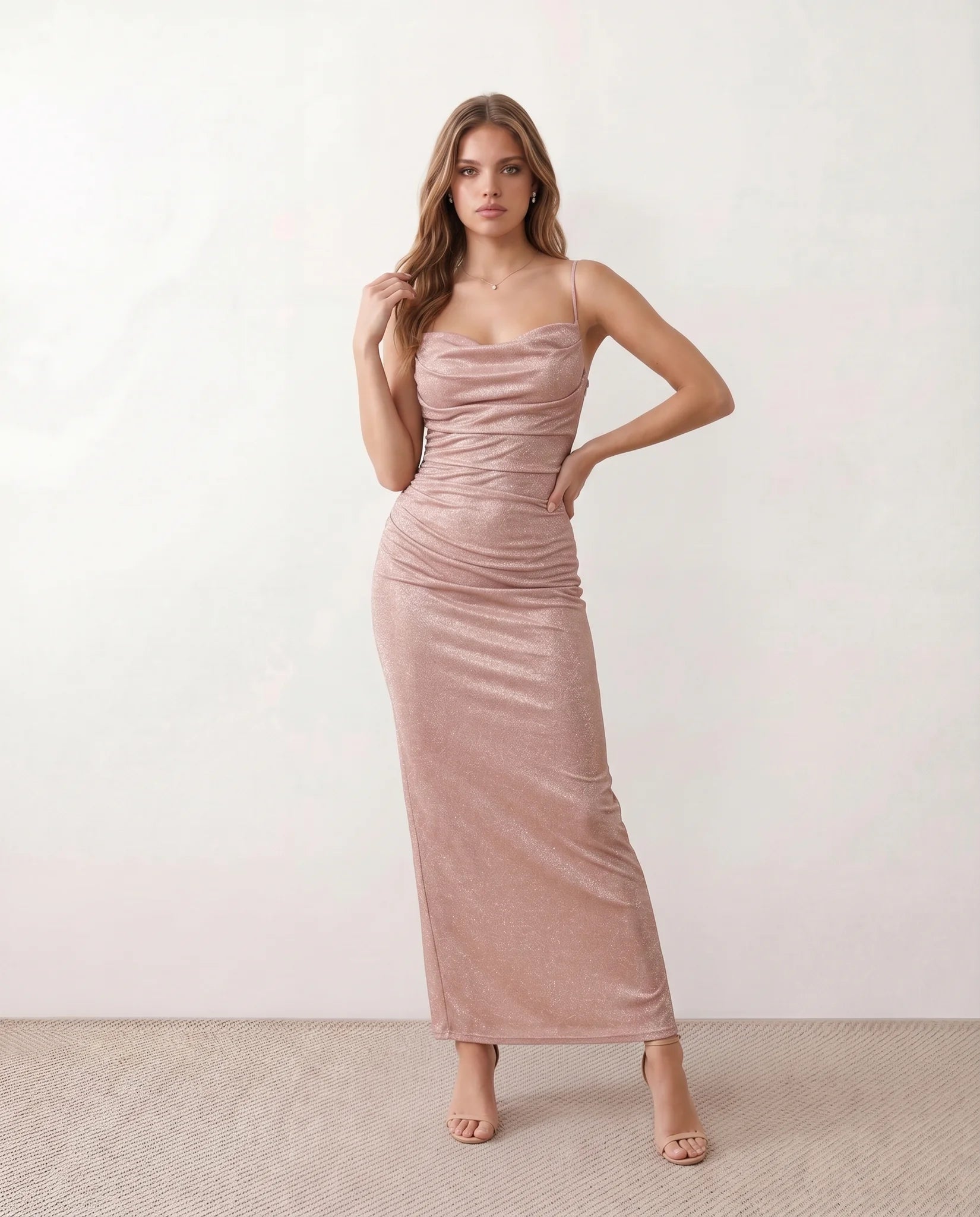 Siegrid Party Metallic Maxi Dress in Pink — front view