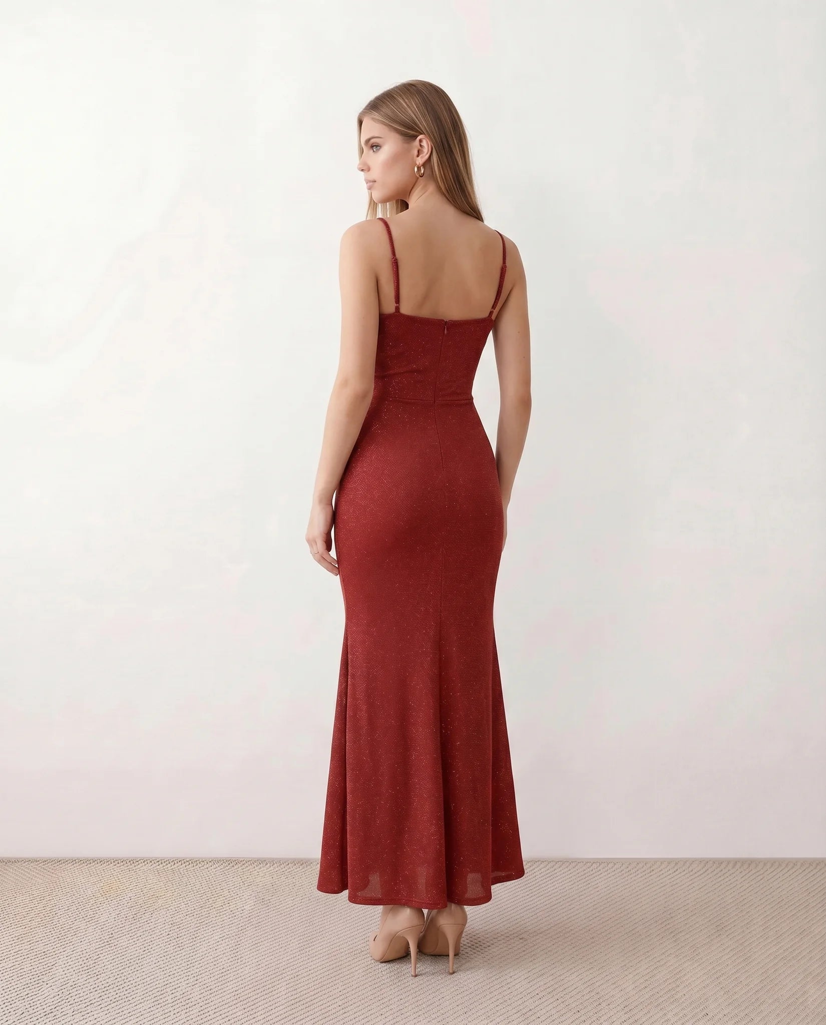 Siegrid Party Metallic Maxi Dress in Red — back view