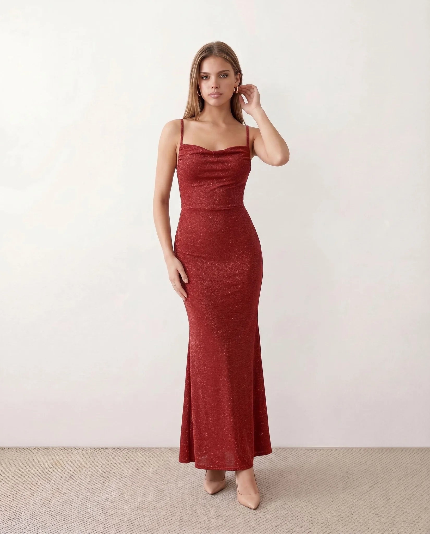 Siegrid Party Metallic Maxi Dress in Red — front view