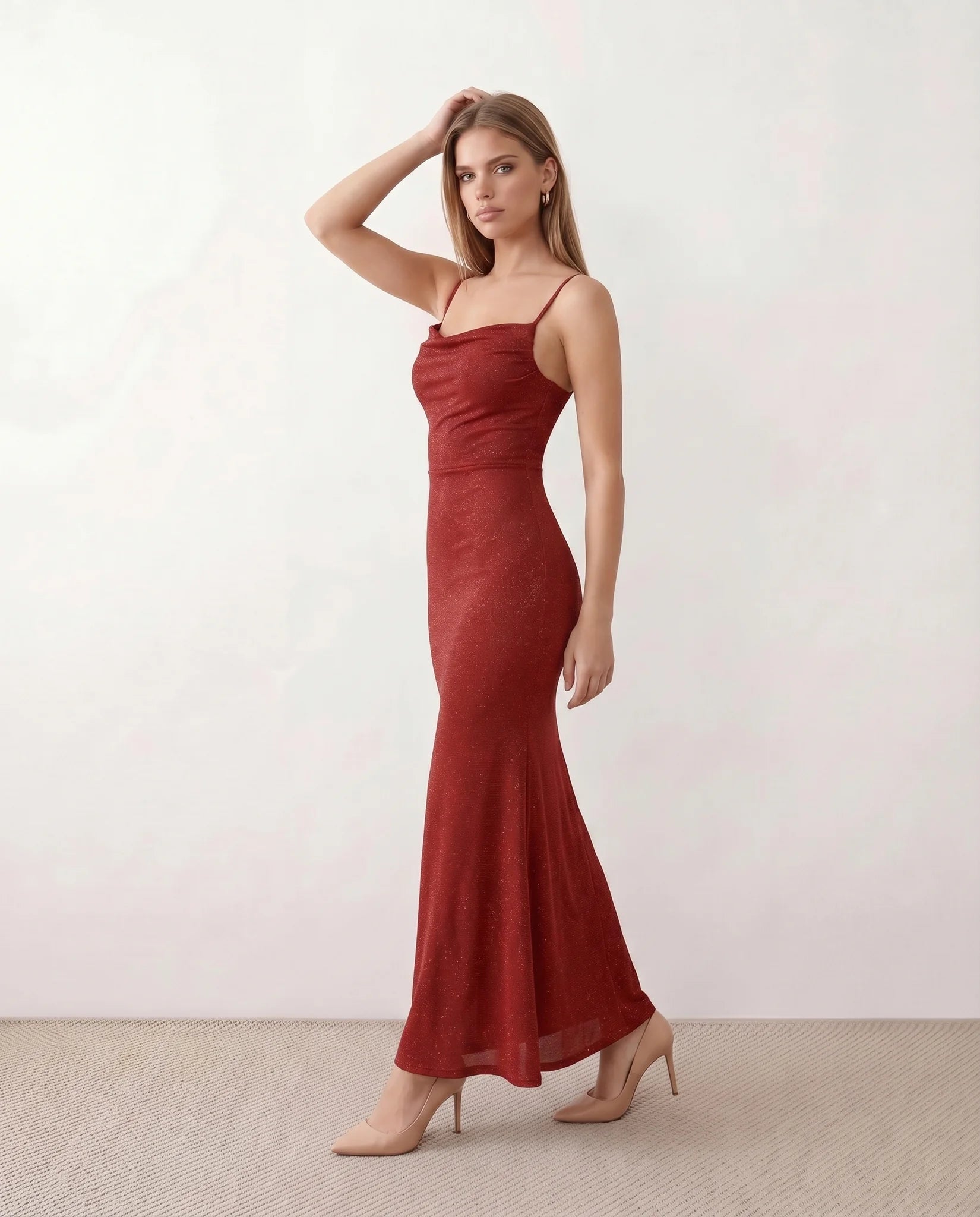 Siegrid Party Metallic Maxi Dress in Red — side view