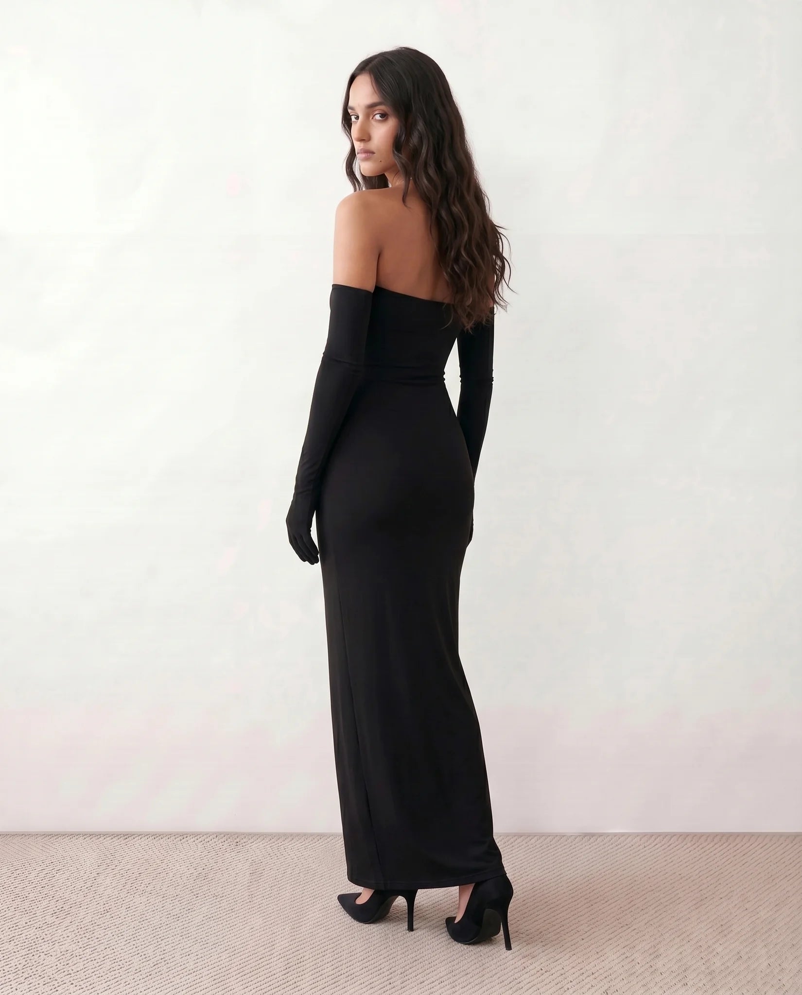 Catrina Formal Strapless Maxi Dress in Black — back view