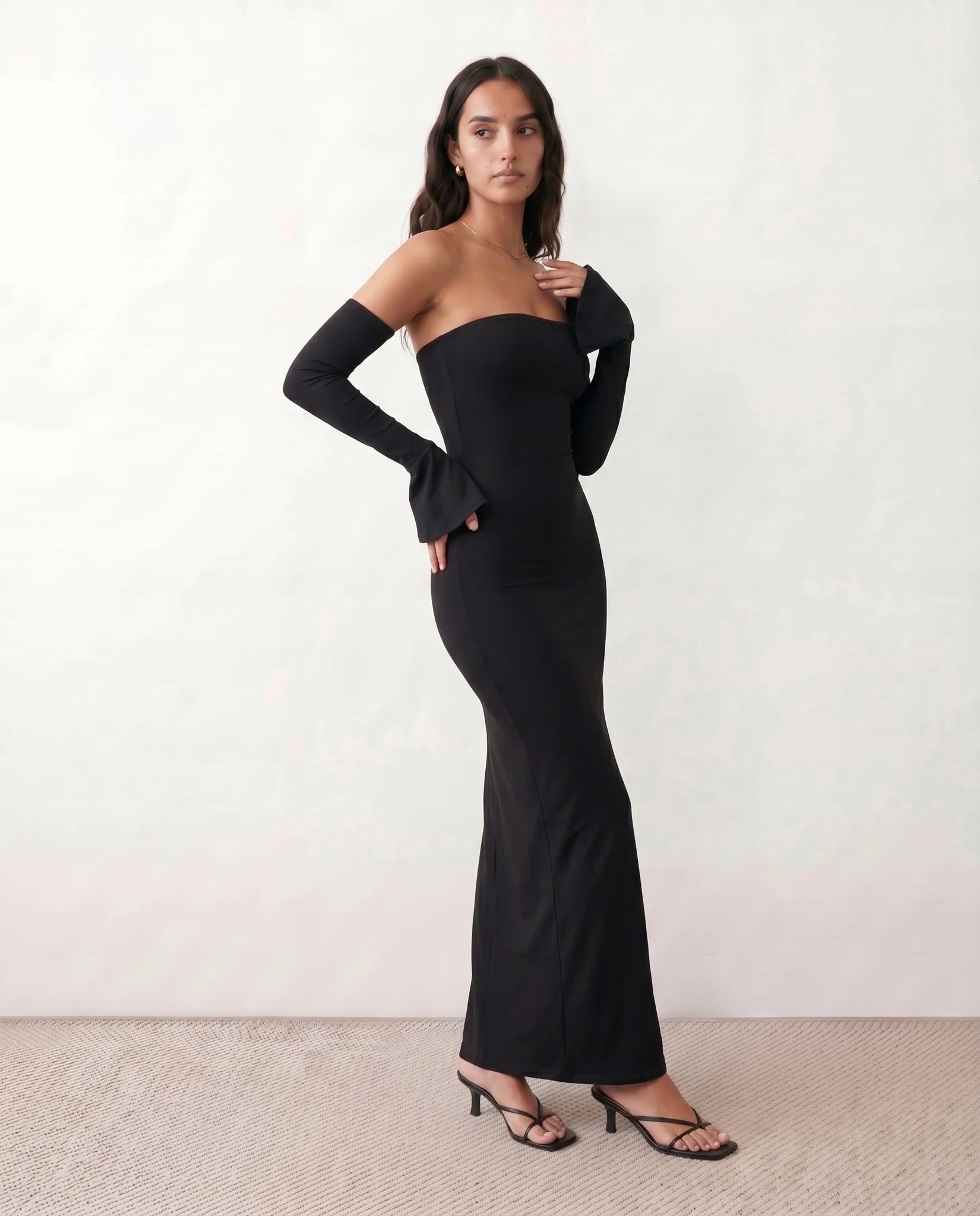 Catrina Formal Strapless Maxi Dress in Black — side view