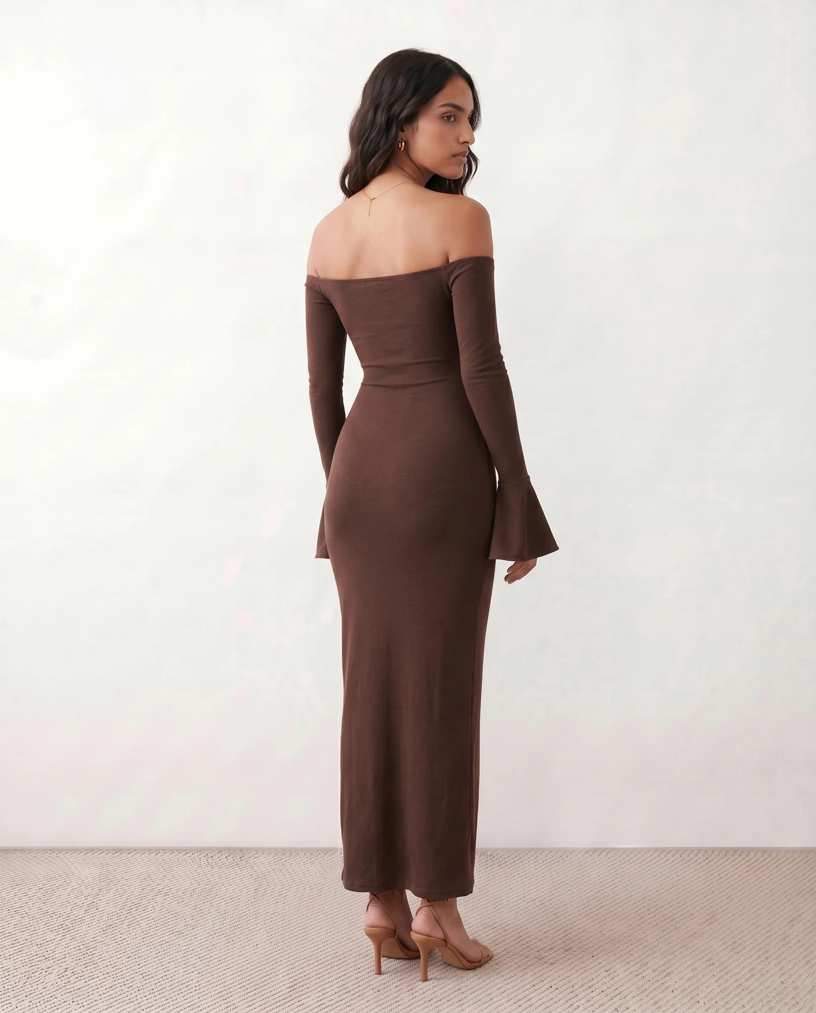 Catrina Formal Strapless Maxi Dress in Brown — back view