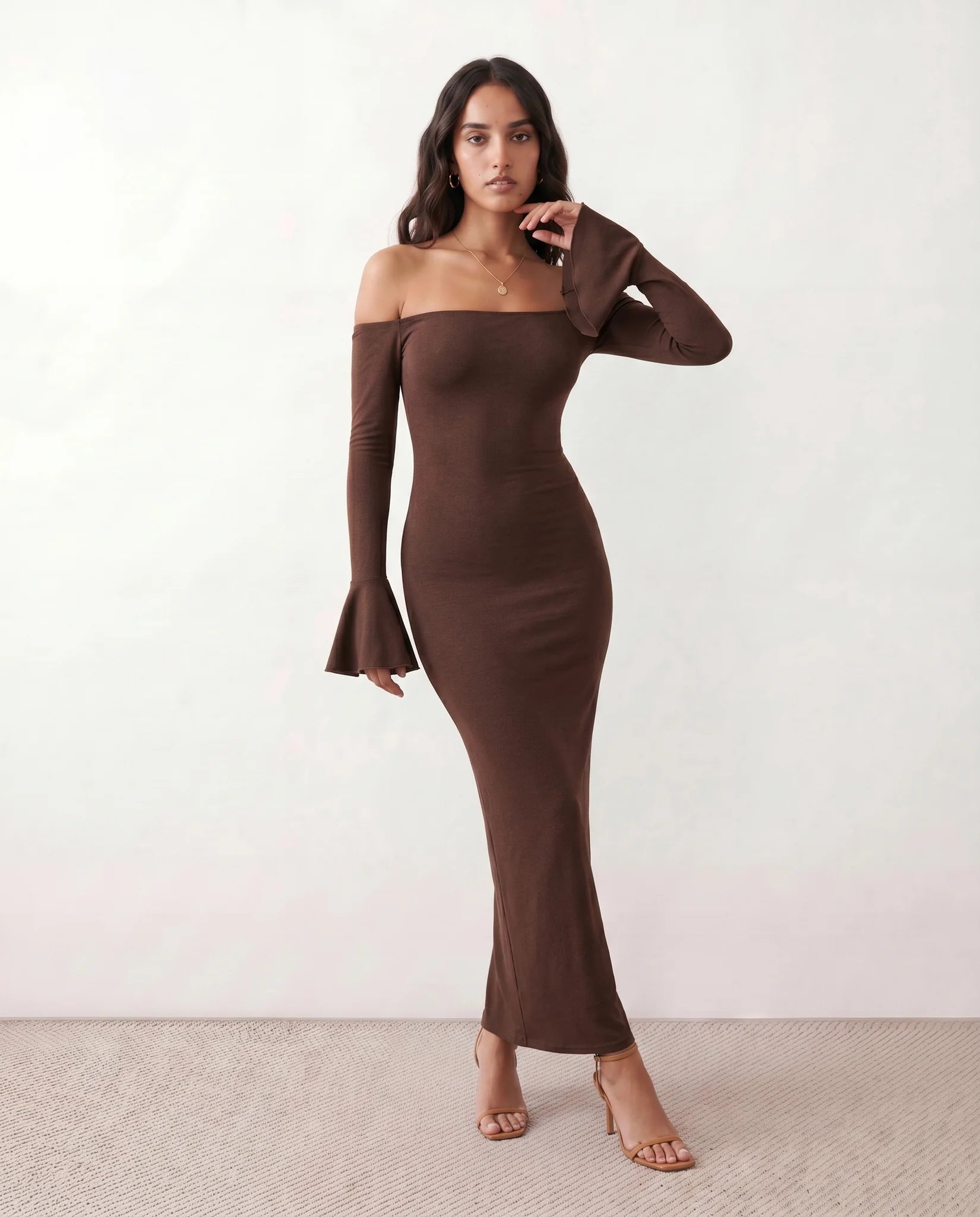 Catrina Formal Strapless Maxi Dress in Brown — front view