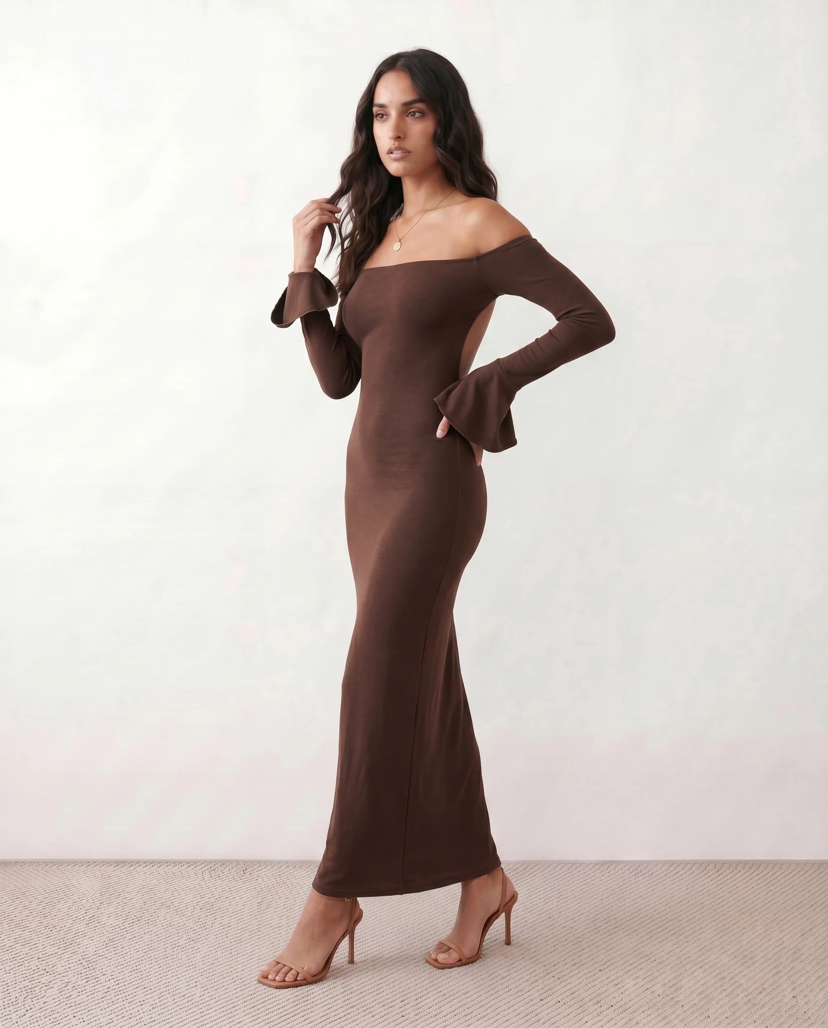 Catrina Formal Strapless Maxi Dress in Brown — side view