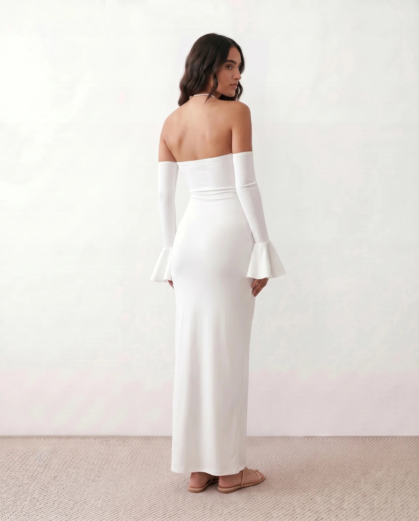 Catrina Formal Strapless Maxi Dress in White — back view