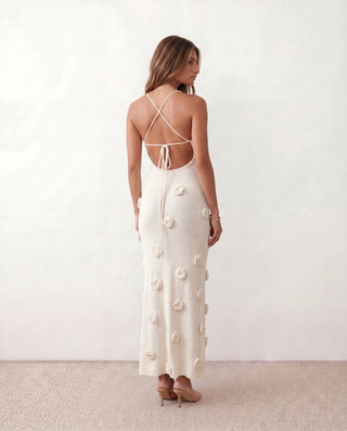 Justine Wedding Guest Spaghetti Strap Maxi Dress in White — back view