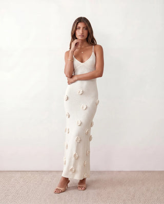 Justine Wedding Guest Spaghetti Strap Maxi Dress in White — front view