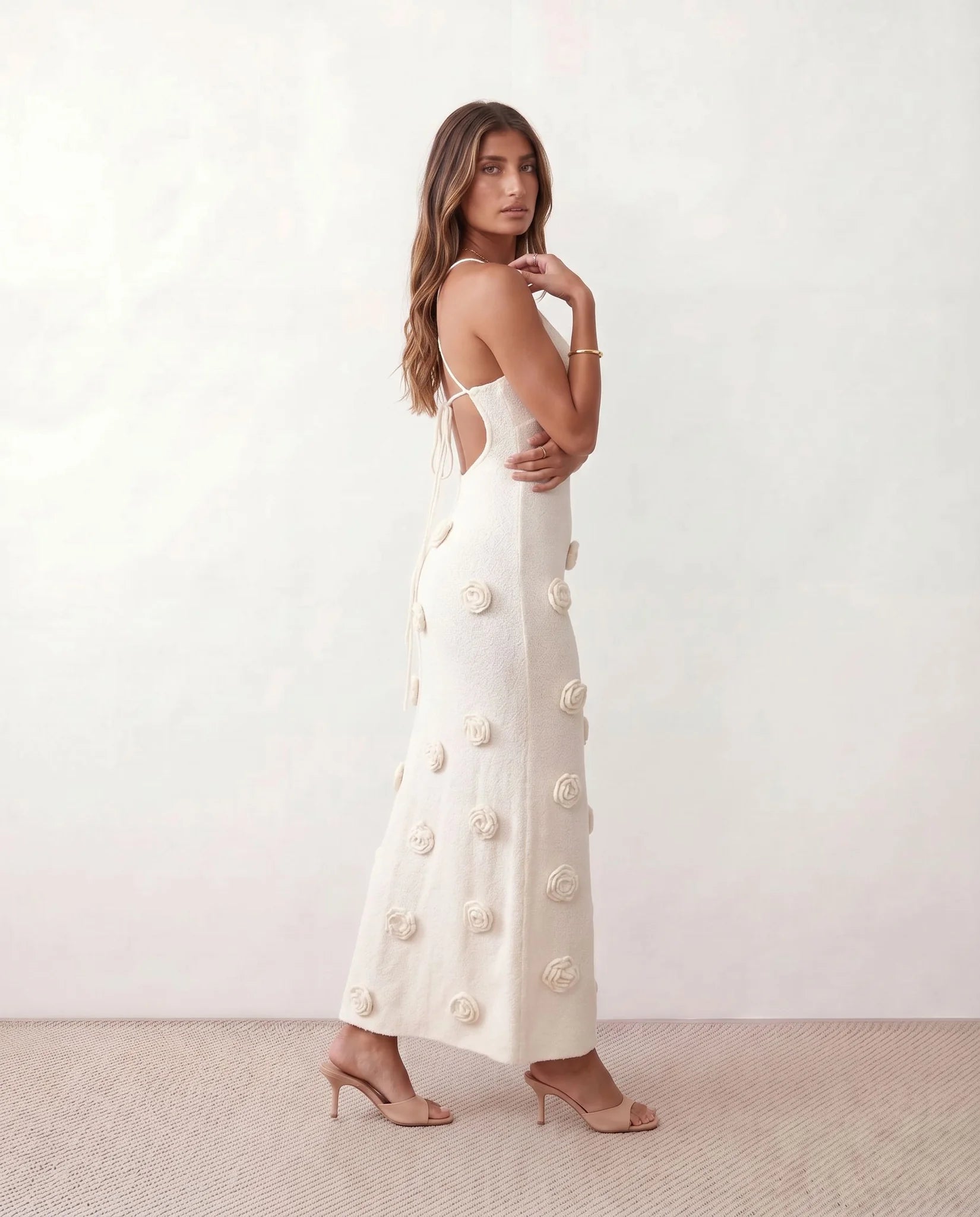 Justine Wedding Guest Spaghetti Strap Maxi Dress in White — side view