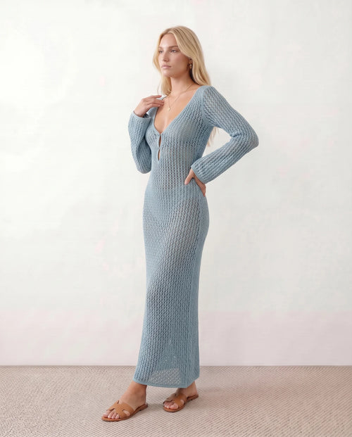 Calixta Party Crochet Maxi Dress in Blue — side view