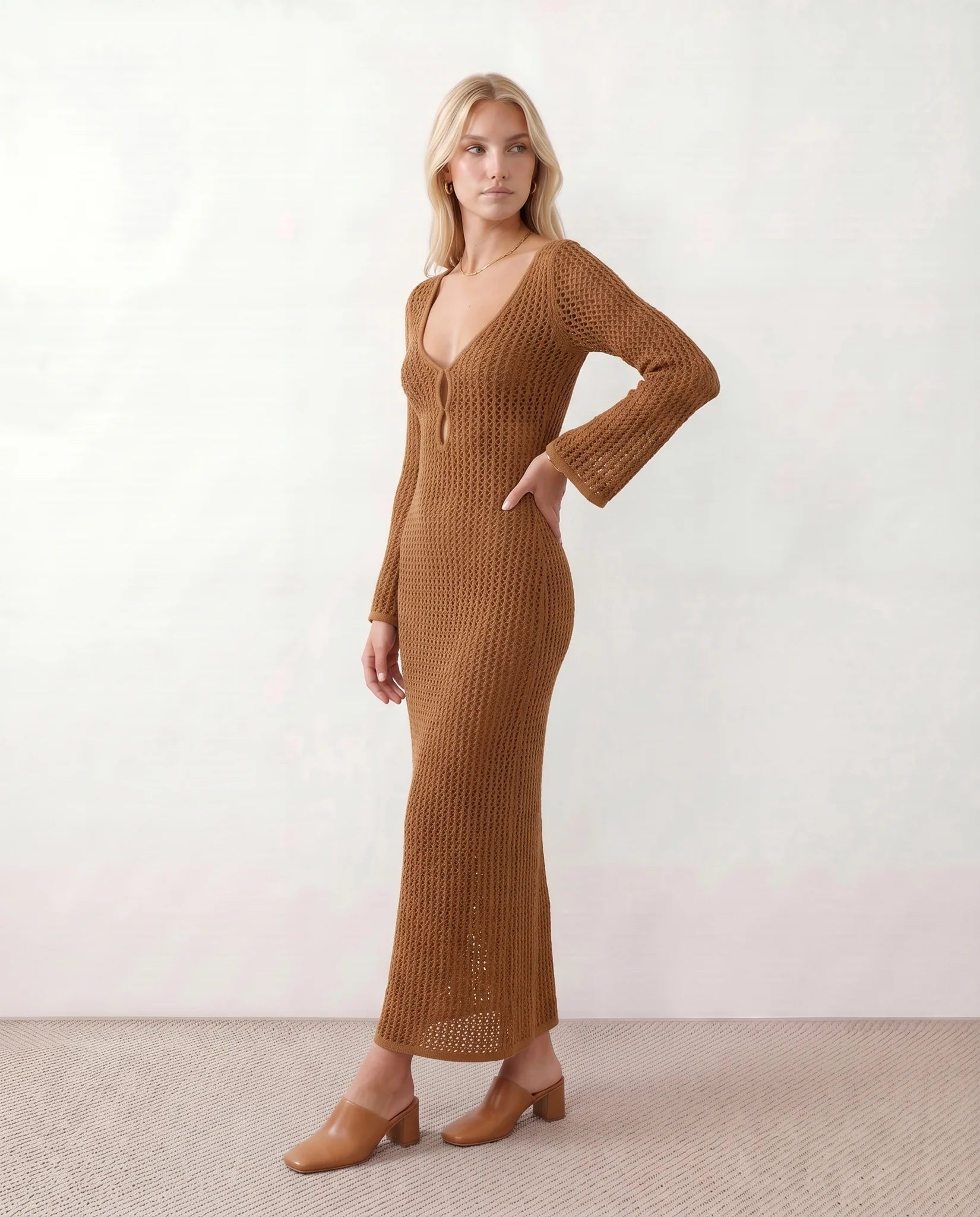Calixta Party Crochet Maxi Dress in Brown — side view