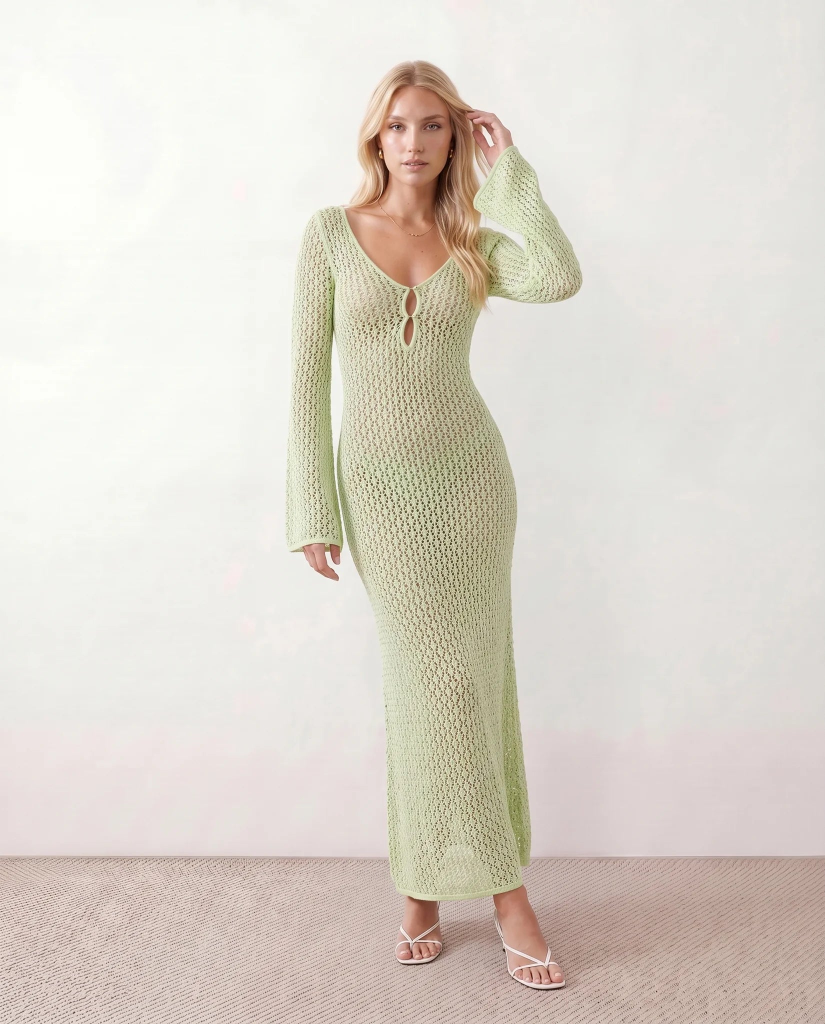 Calixta Party Crochet Maxi Dress in Green — front view